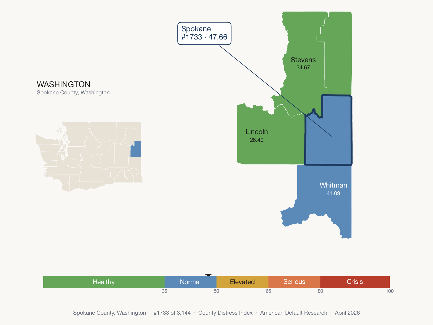 County Distress Index cluster map. Spokane County, Washington and its neighbors colored by distress fifth.