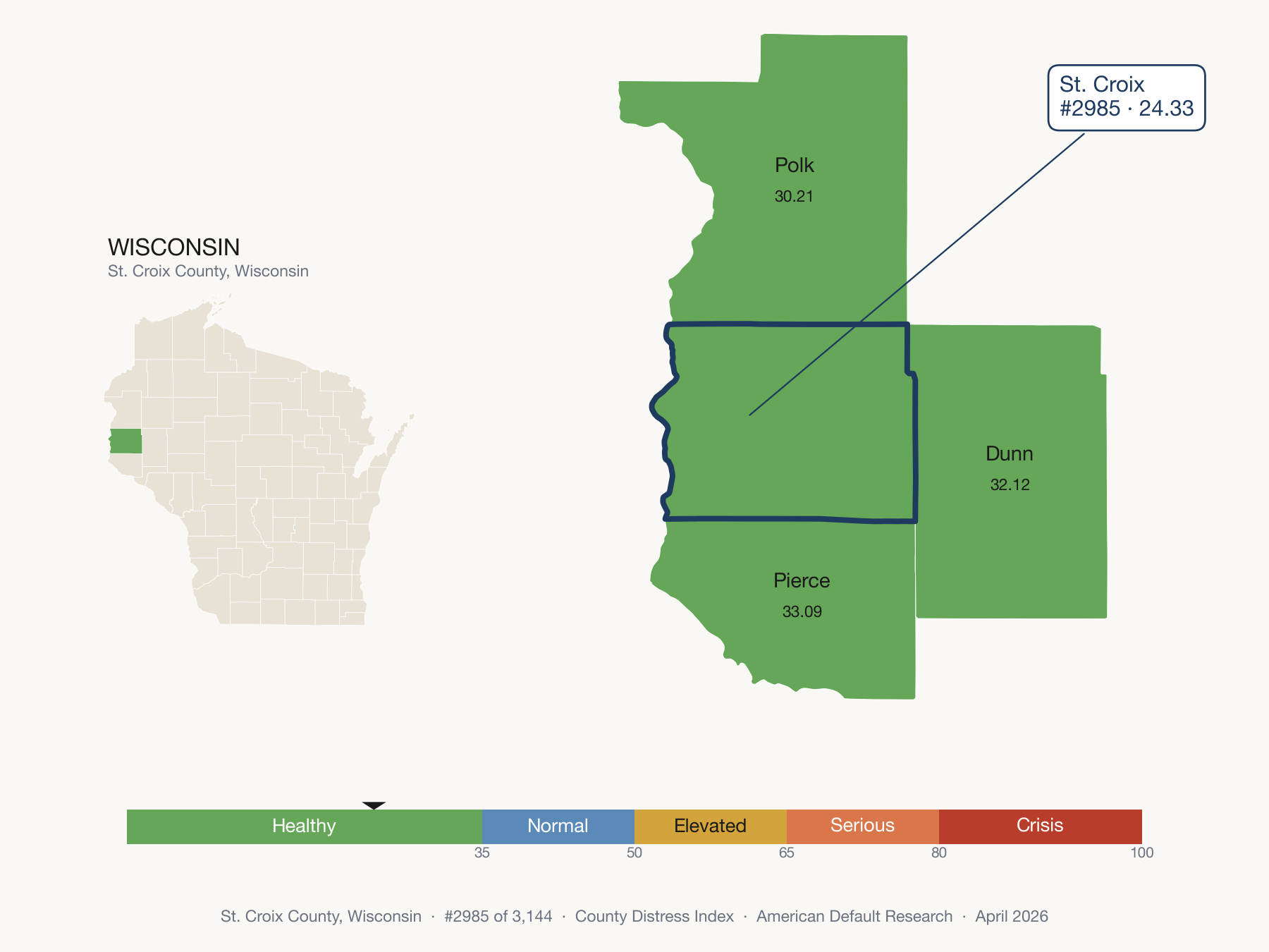 County Distress Index cluster map. St. Croix County, Wisconsin and its neighbors colored by distress fifth.