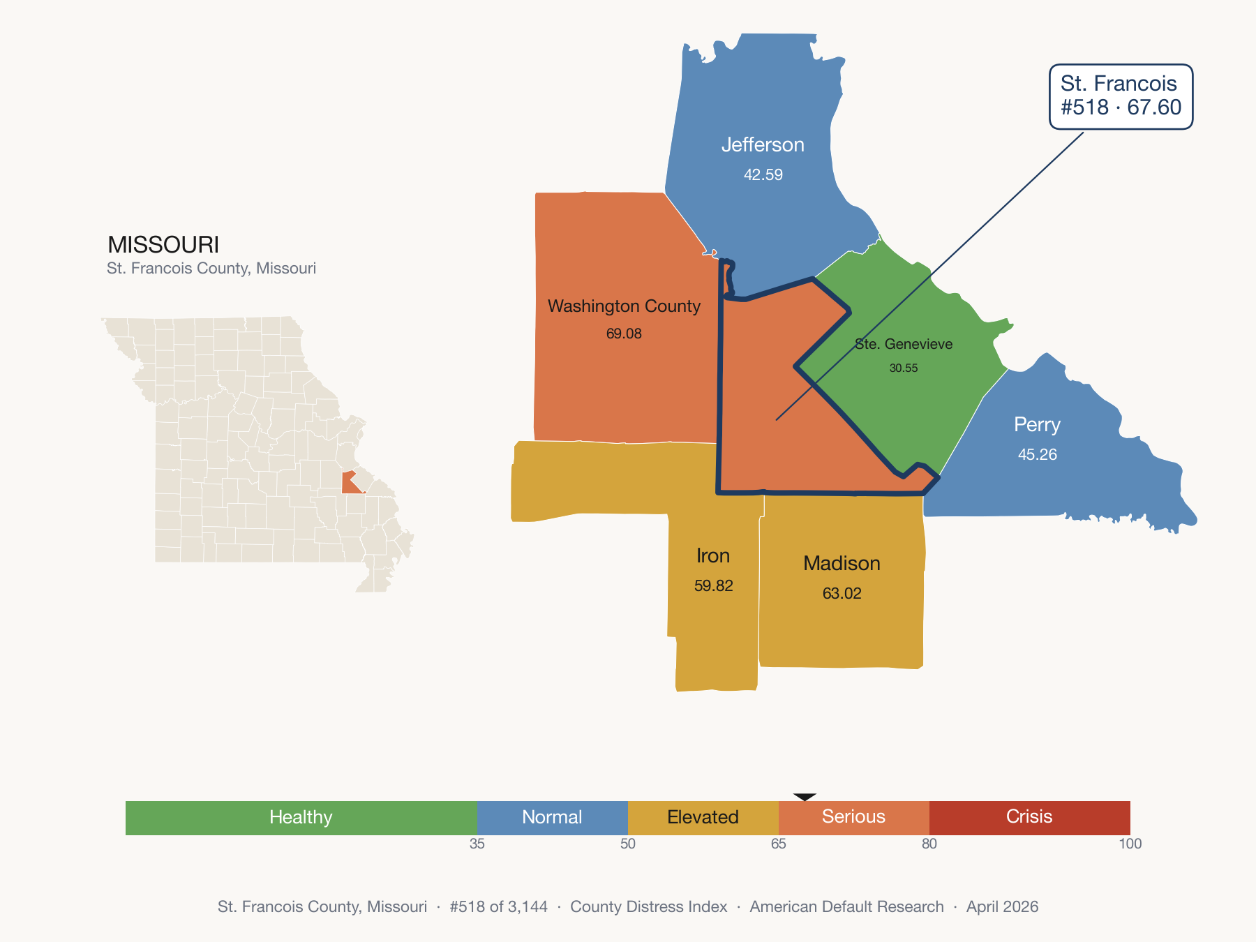 County Distress Index cluster map. St. Francois County, Missouri and its neighbors colored by distress fifth.