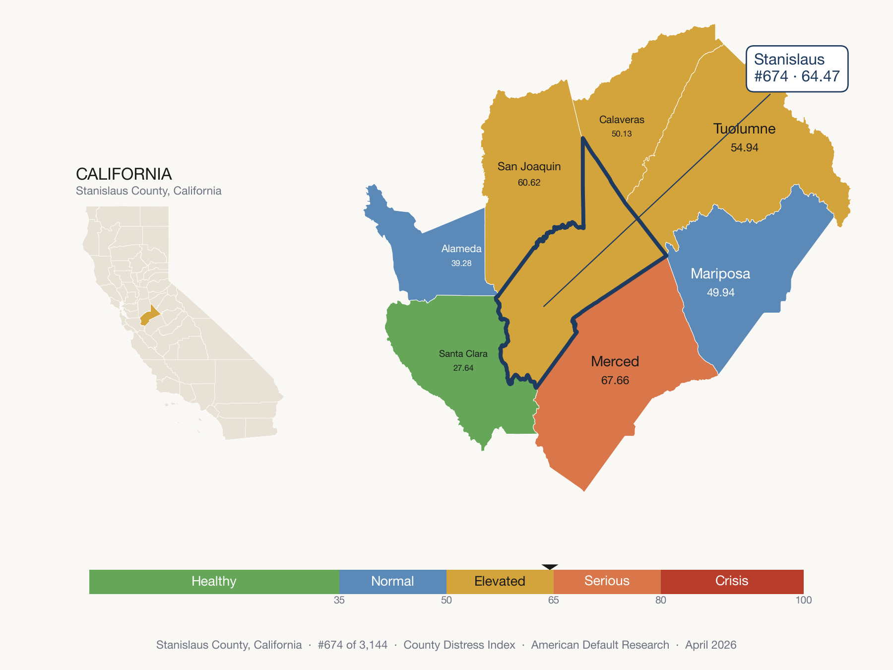 County Distress Index cluster map. Stanislaus County, California and its neighbors colored by distress fifth.