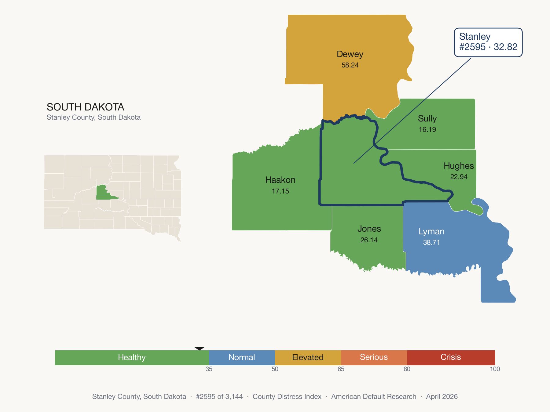 County Distress Index cluster map. Stanley County, South Dakota and its neighbors colored by distress fifth.