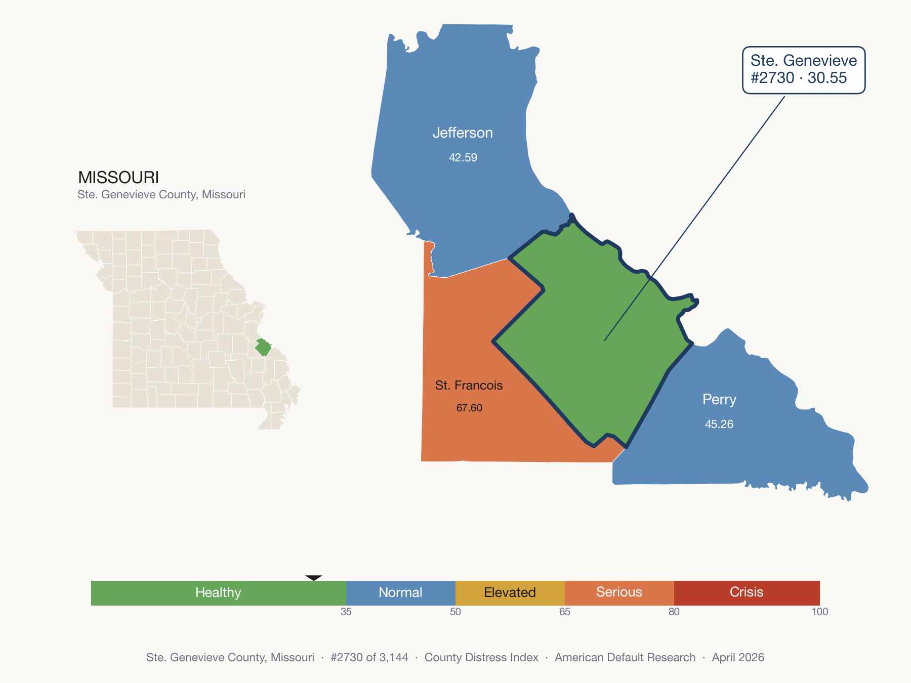 County Distress Index cluster map. Ste. Genevieve County, Missouri and its neighbors colored by distress fifth.