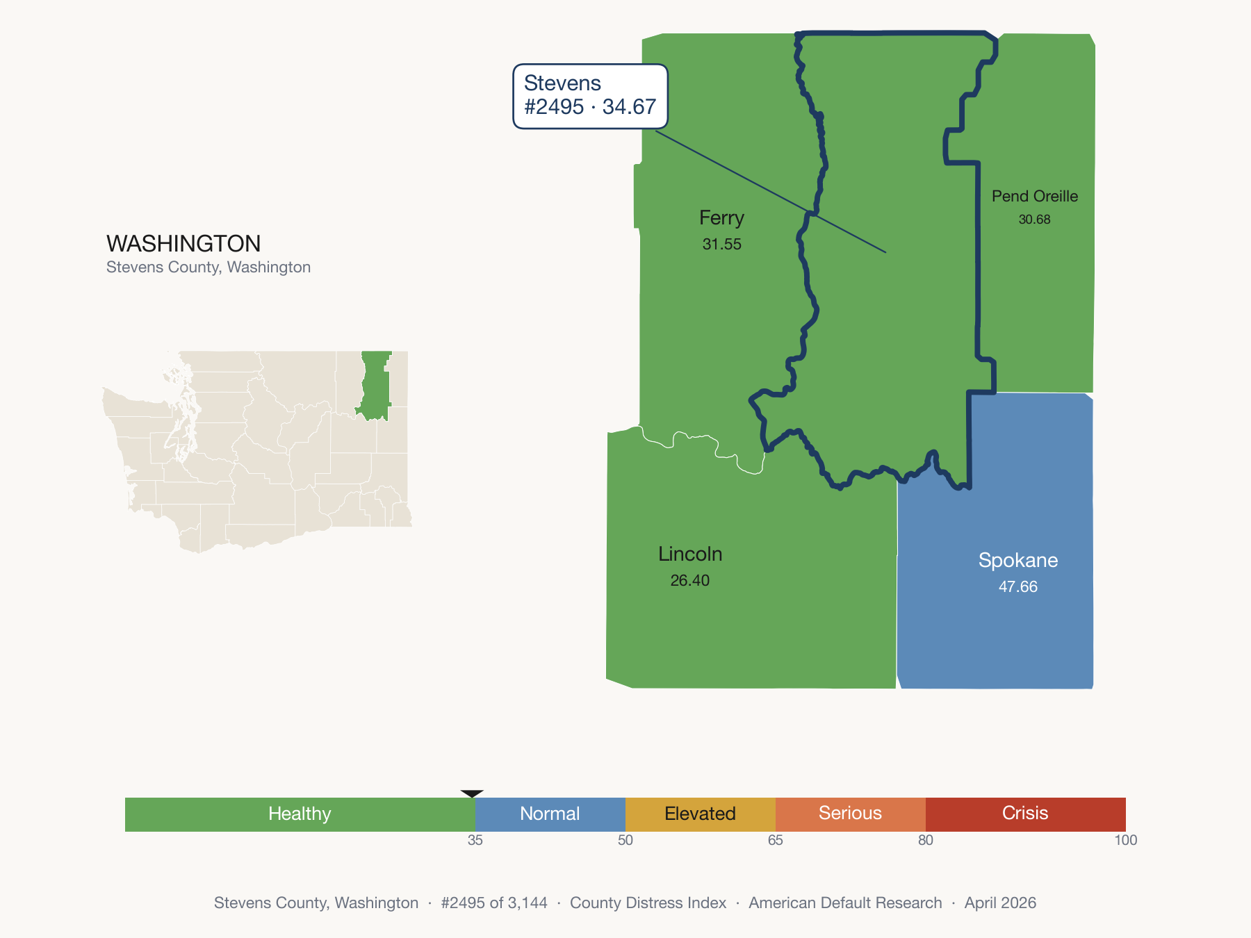 County Distress Index cluster map. Stevens County, Washington and its neighbors colored by distress fifth.