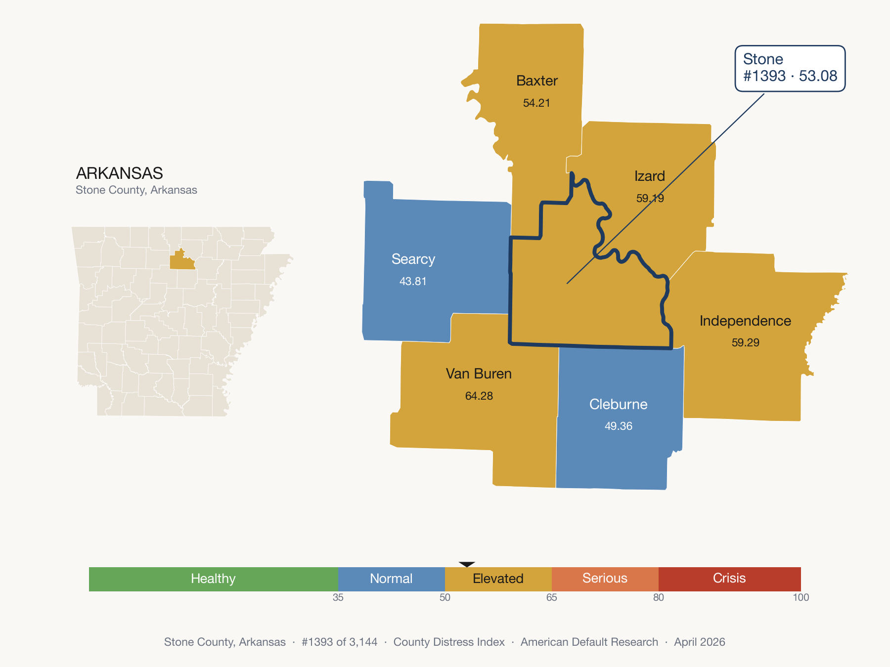 County Distress Index cluster map. Stone County, Arkansas and its neighbors colored by distress fifth.