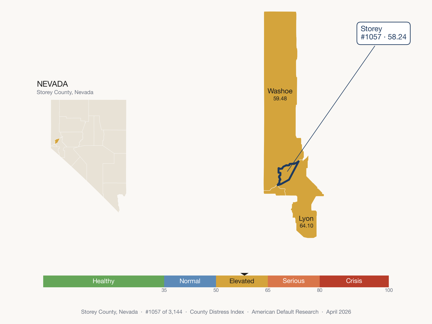 County Distress Index cluster map. Storey County, Nevada and its neighbors colored by distress fifth.