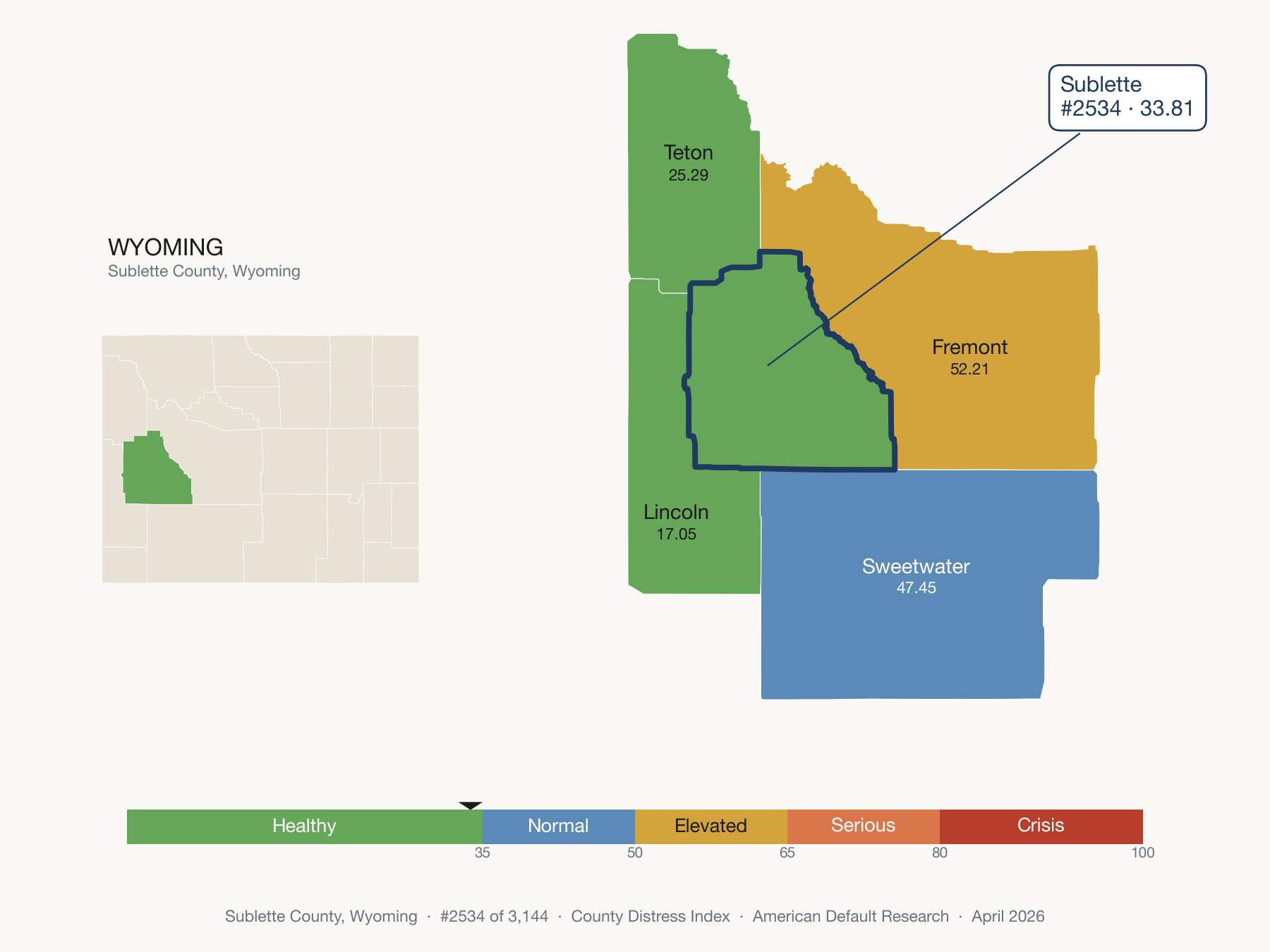County Distress Index cluster map. Sublette County, Wyoming and its neighbors colored by distress fifth.