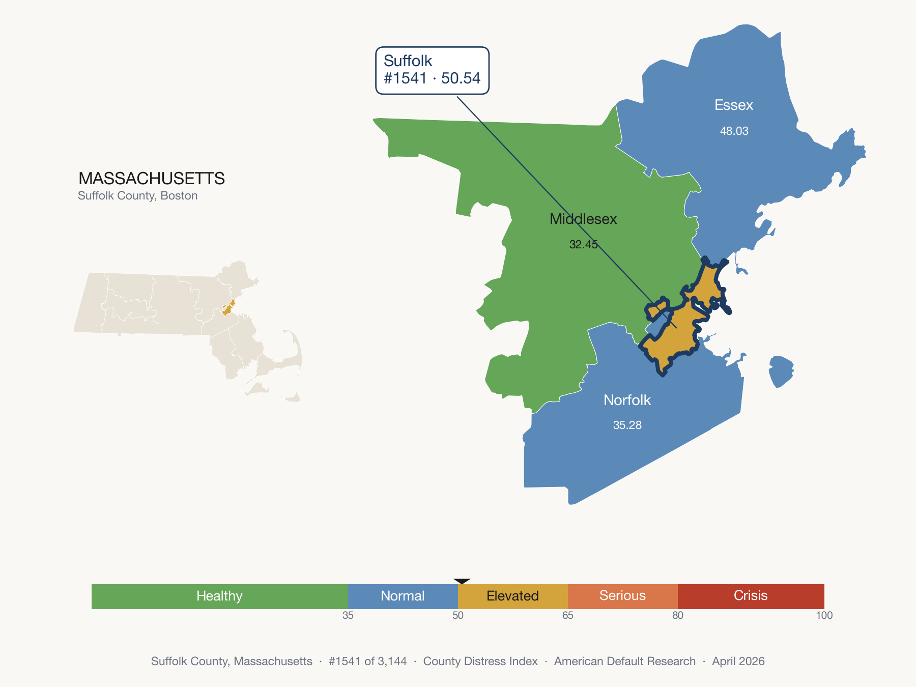 County Distress Index cluster map. Suffolk County, Massachusetts and its neighbors colored by distress fifth.