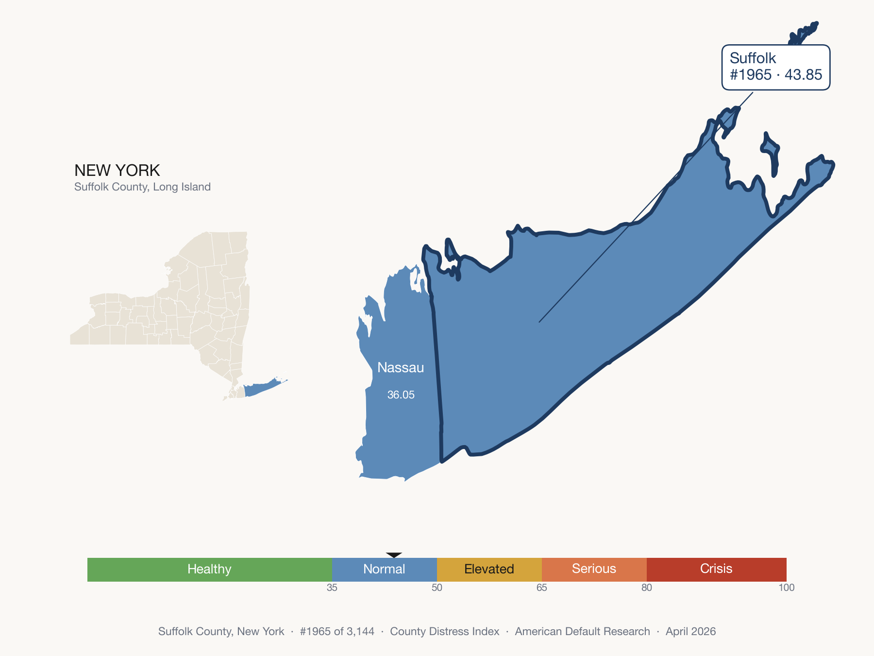 County Distress Index cluster map. Suffolk County, New York and its neighbors colored by distress fifth.