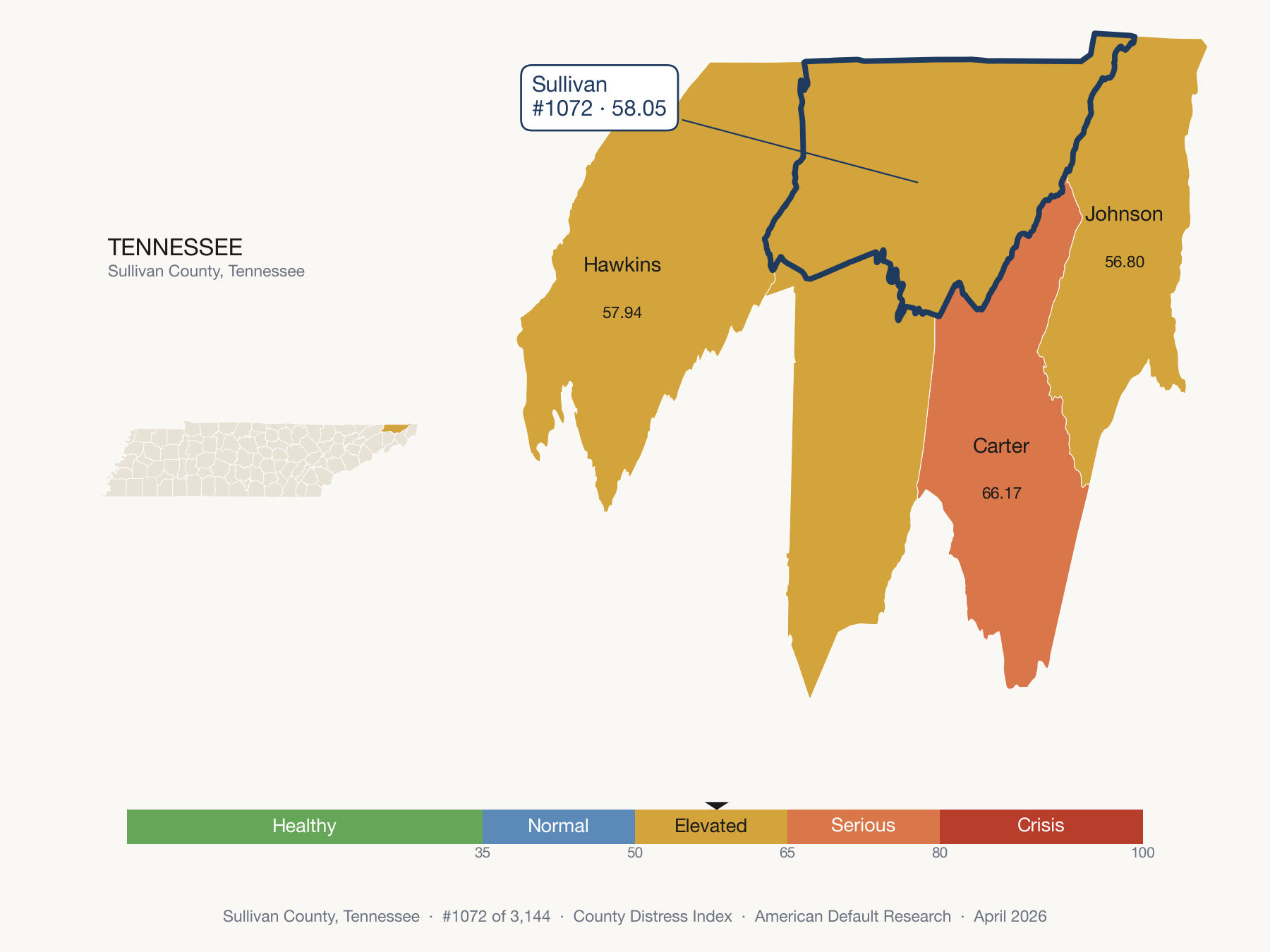 County Distress Index cluster map. Sullivan County, Tennessee and its neighbors colored by distress fifth.