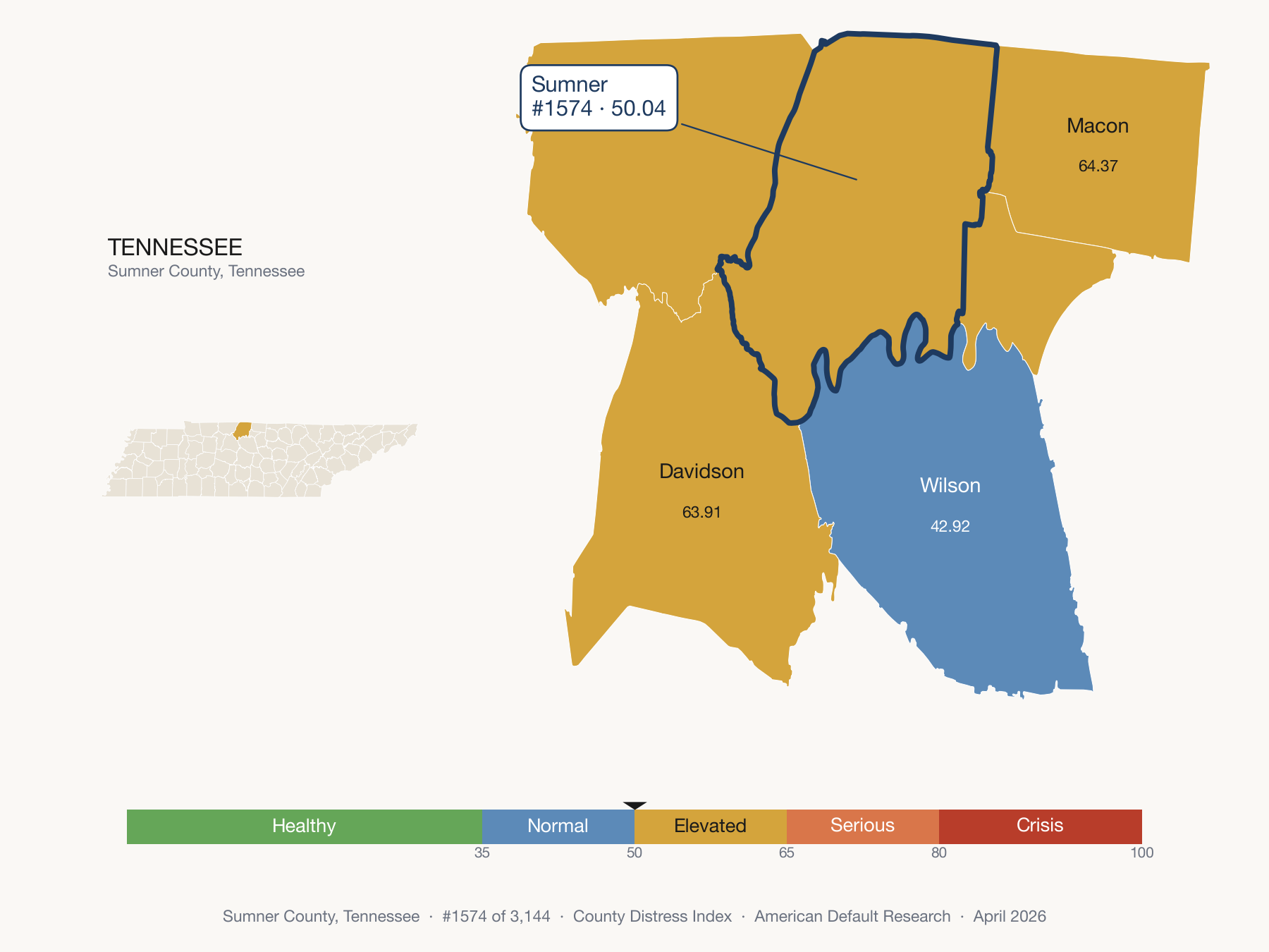 County Distress Index cluster map. Sumner County, Tennessee and its neighbors colored by distress fifth.
