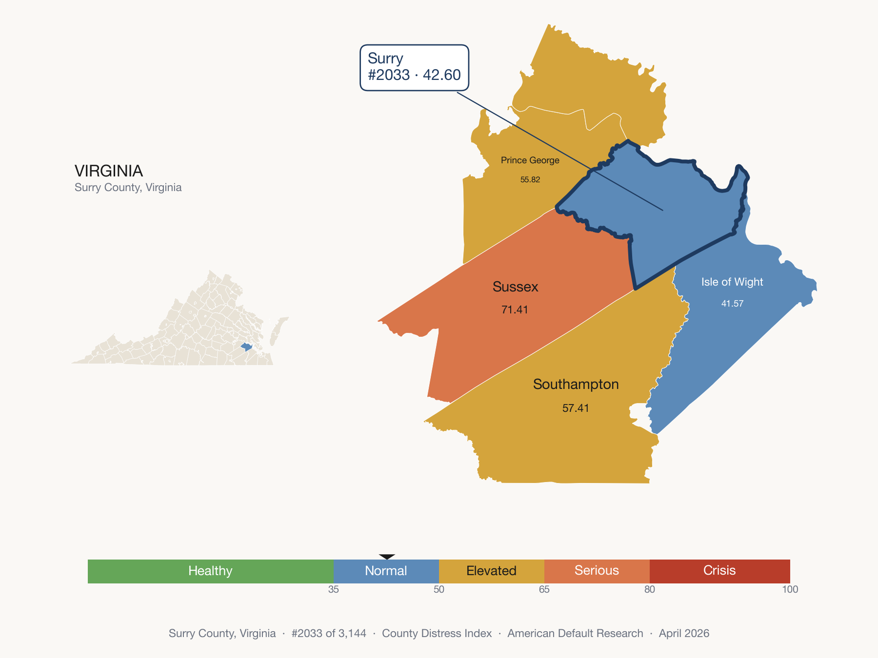 County Distress Index cluster map. Surry County, Virginia and its neighbors colored by distress fifth.