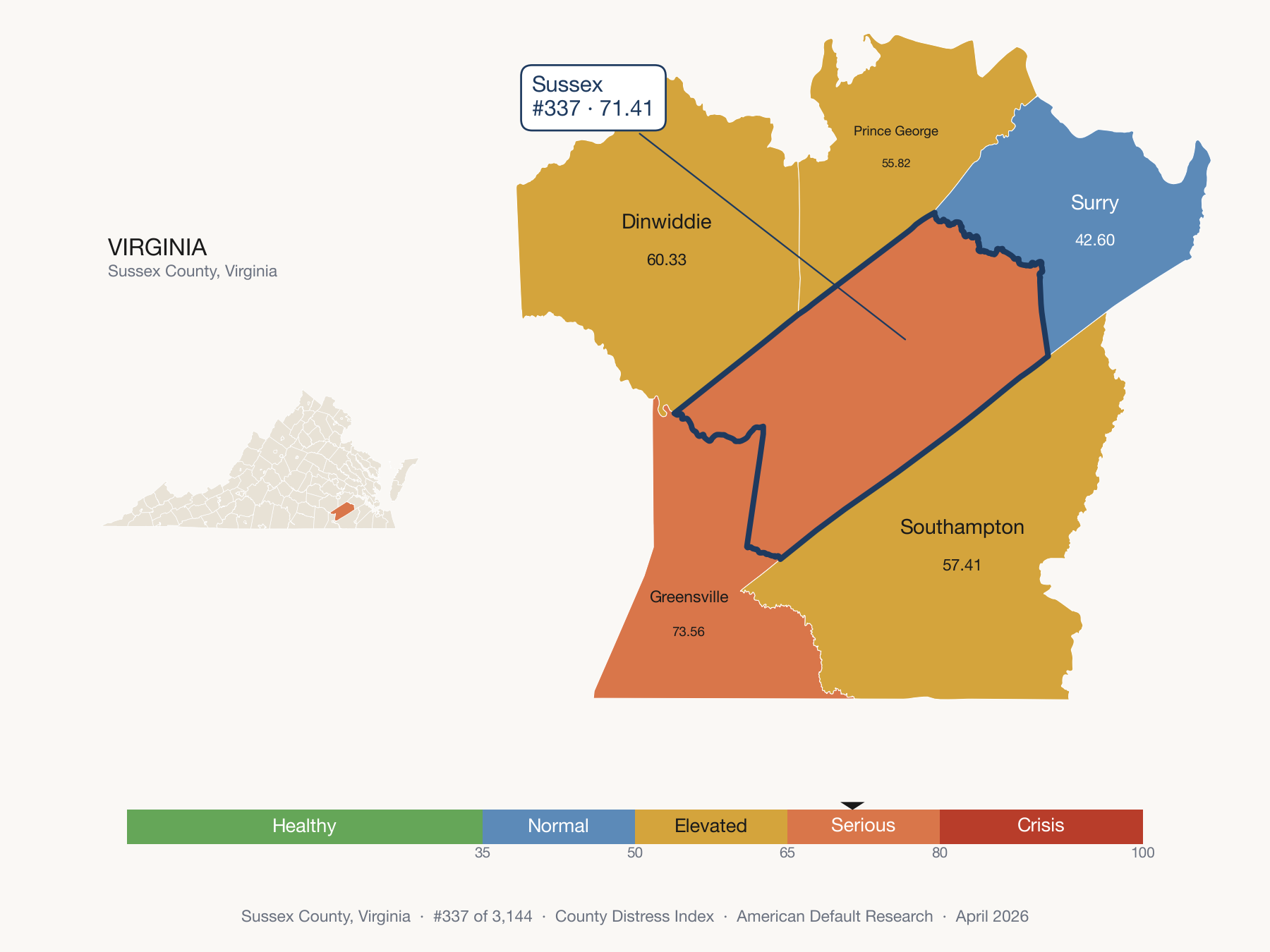 County Distress Index cluster map. Sussex County, Virginia and its neighbors colored by distress fifth.