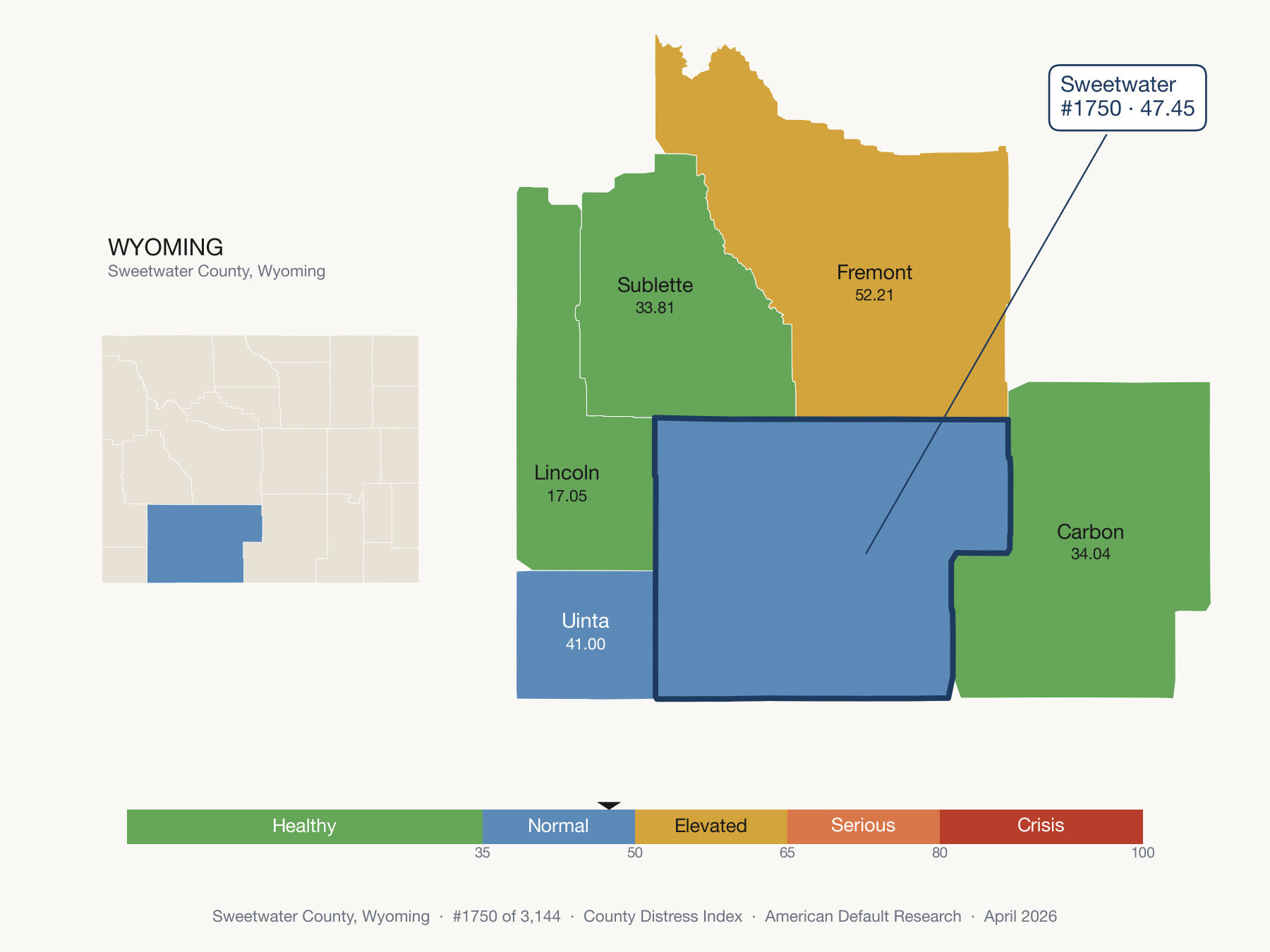 County Distress Index cluster map. Sweetwater County, Wyoming and its neighbors colored by distress fifth.