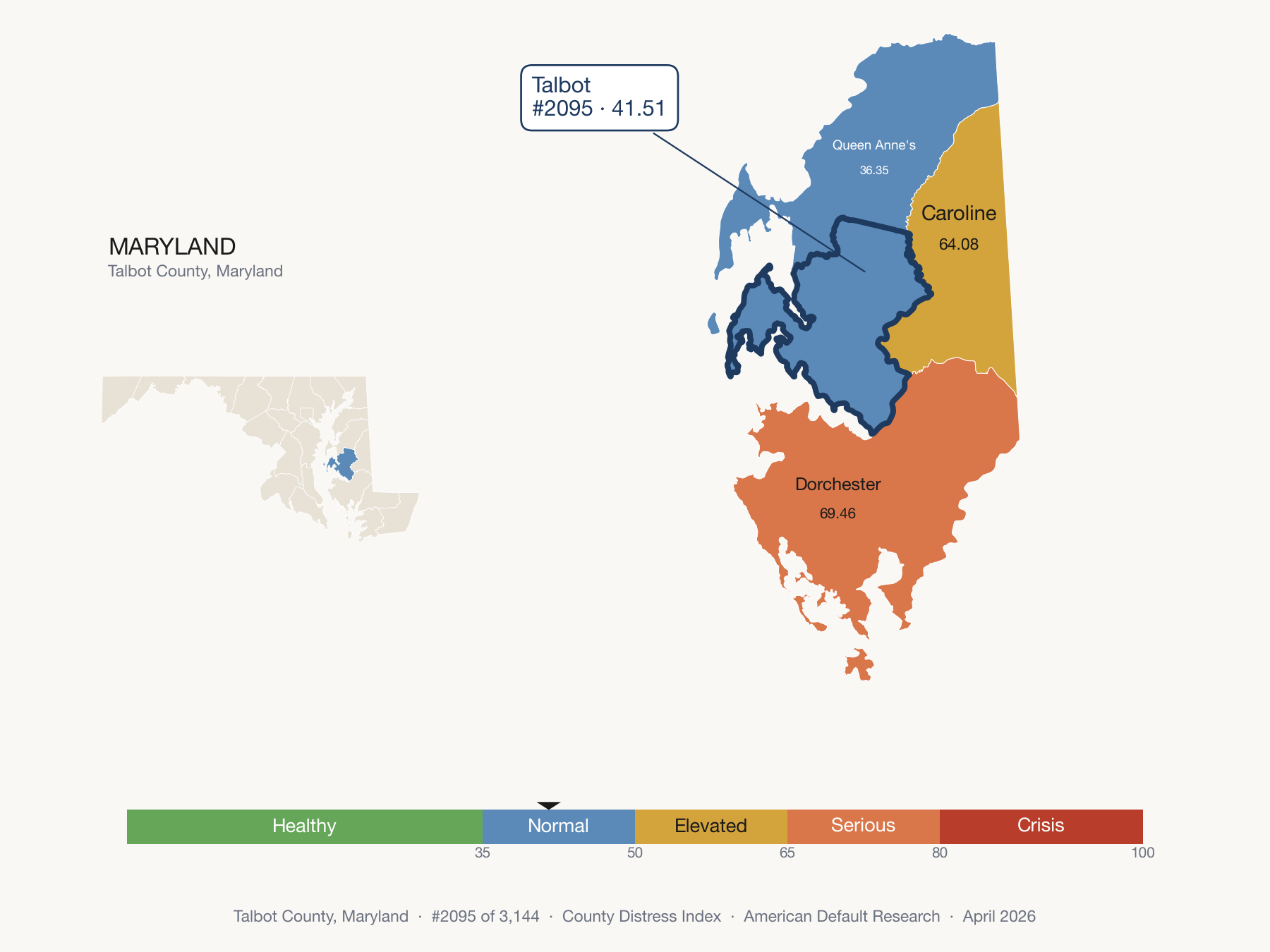 County Distress Index cluster map. Talbot County, Maryland and its neighbors colored by distress fifth.