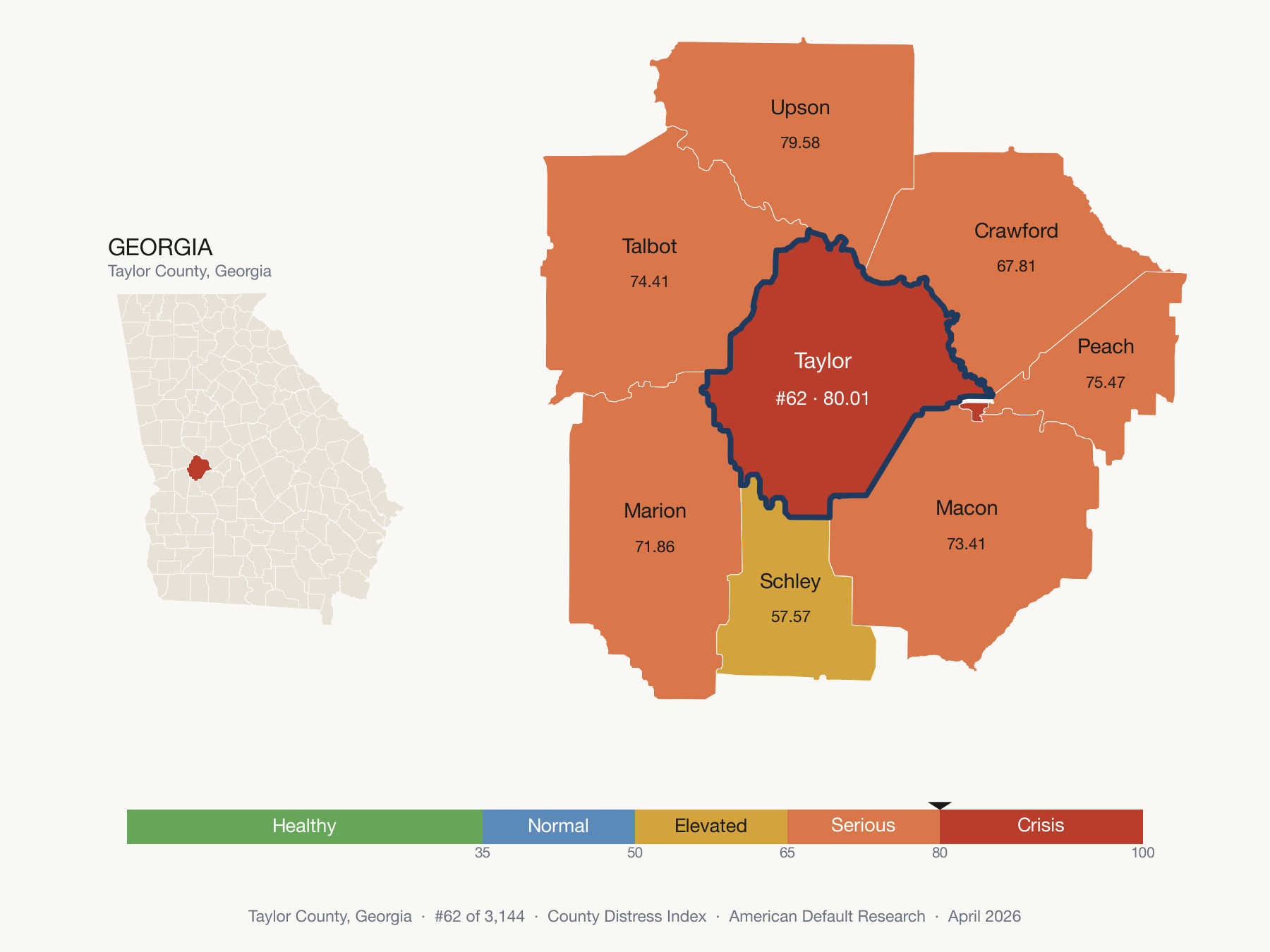 County Distress Index cluster map. Taylor County, Georgia and its neighbors colored by distress fifth.