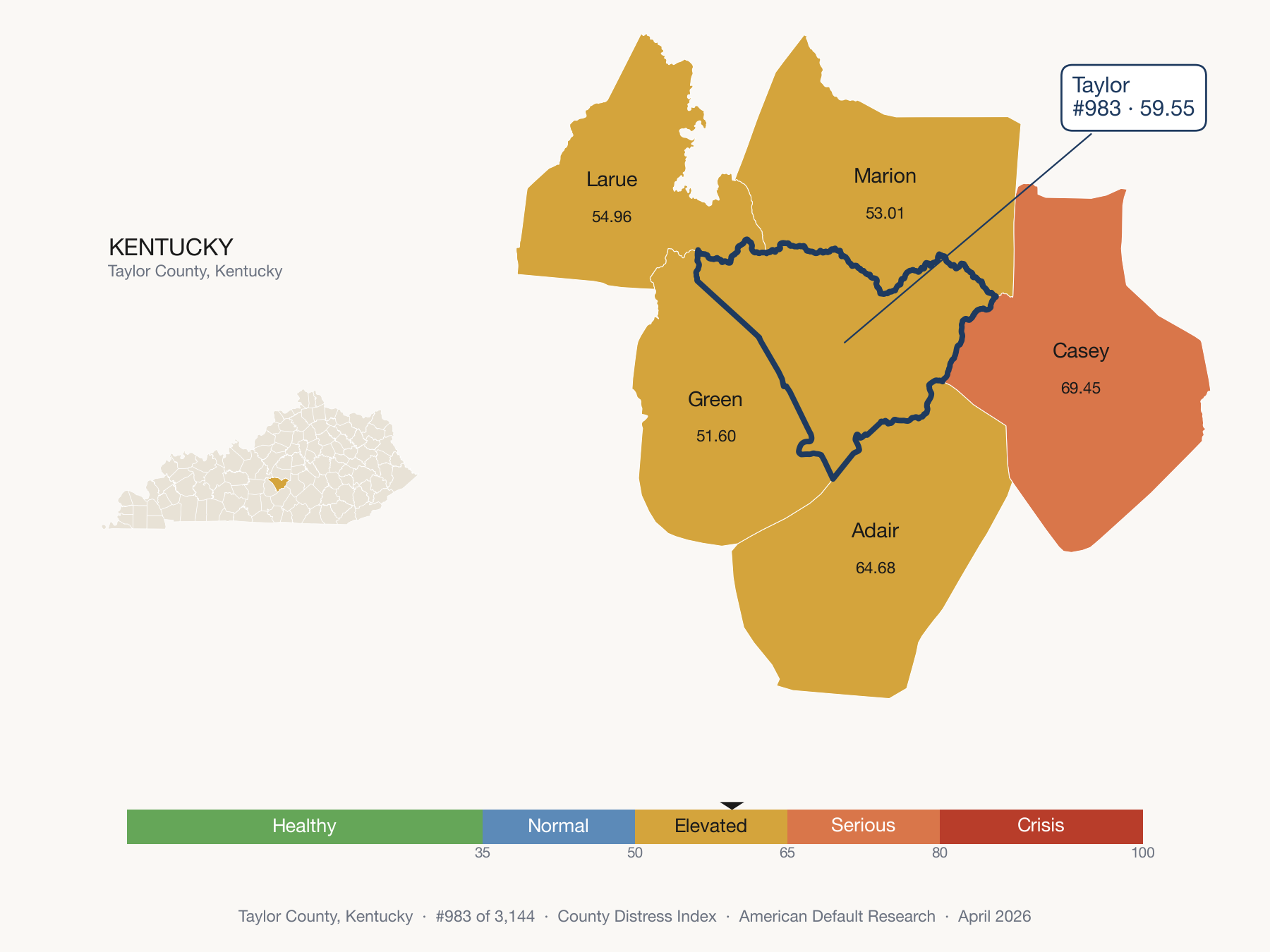 County Distress Index cluster map. Taylor County, Kentucky and its neighbors colored by distress fifth.