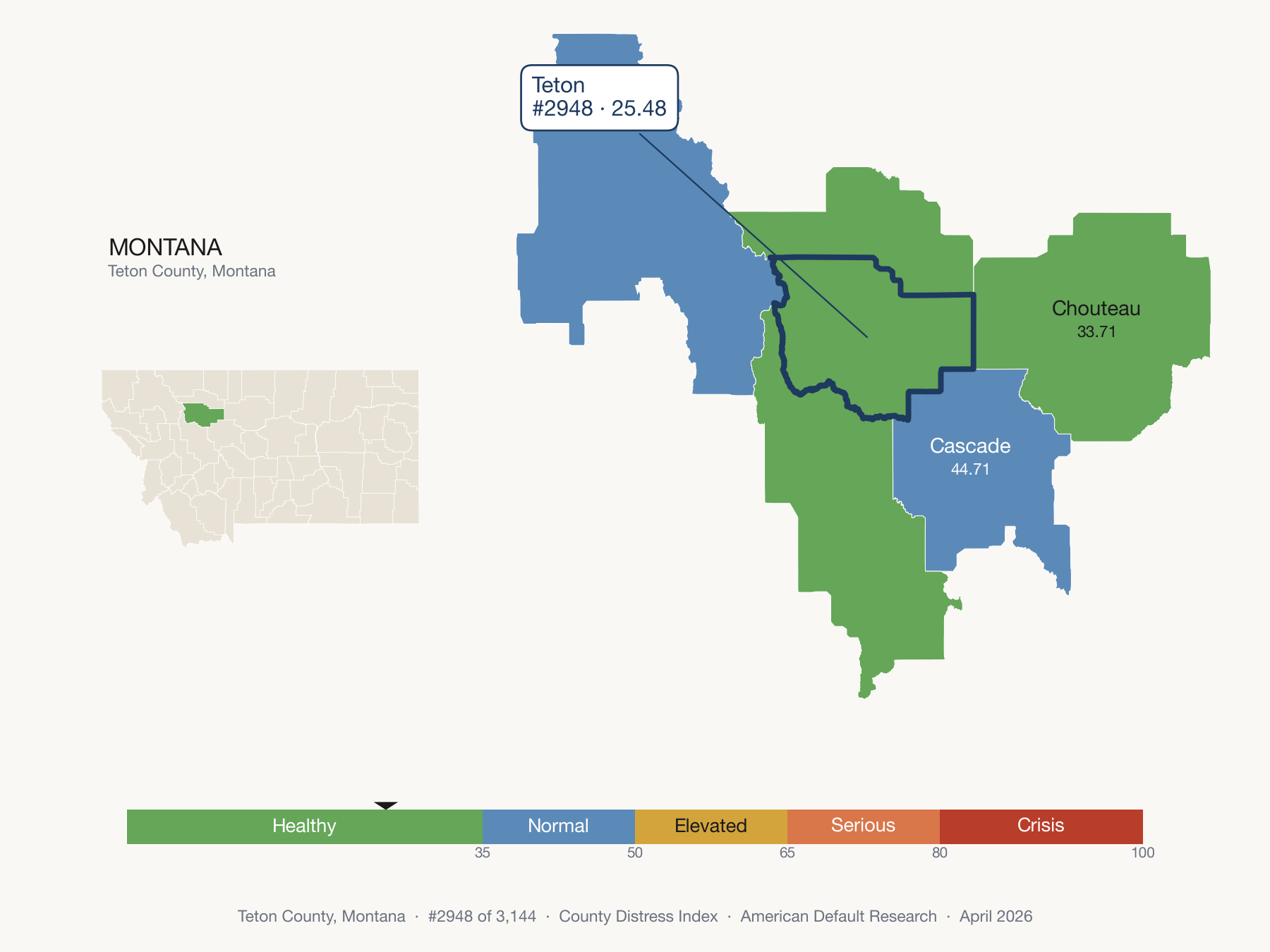 County Distress Index cluster map. Teton County, Montana and its neighbors colored by distress fifth.
