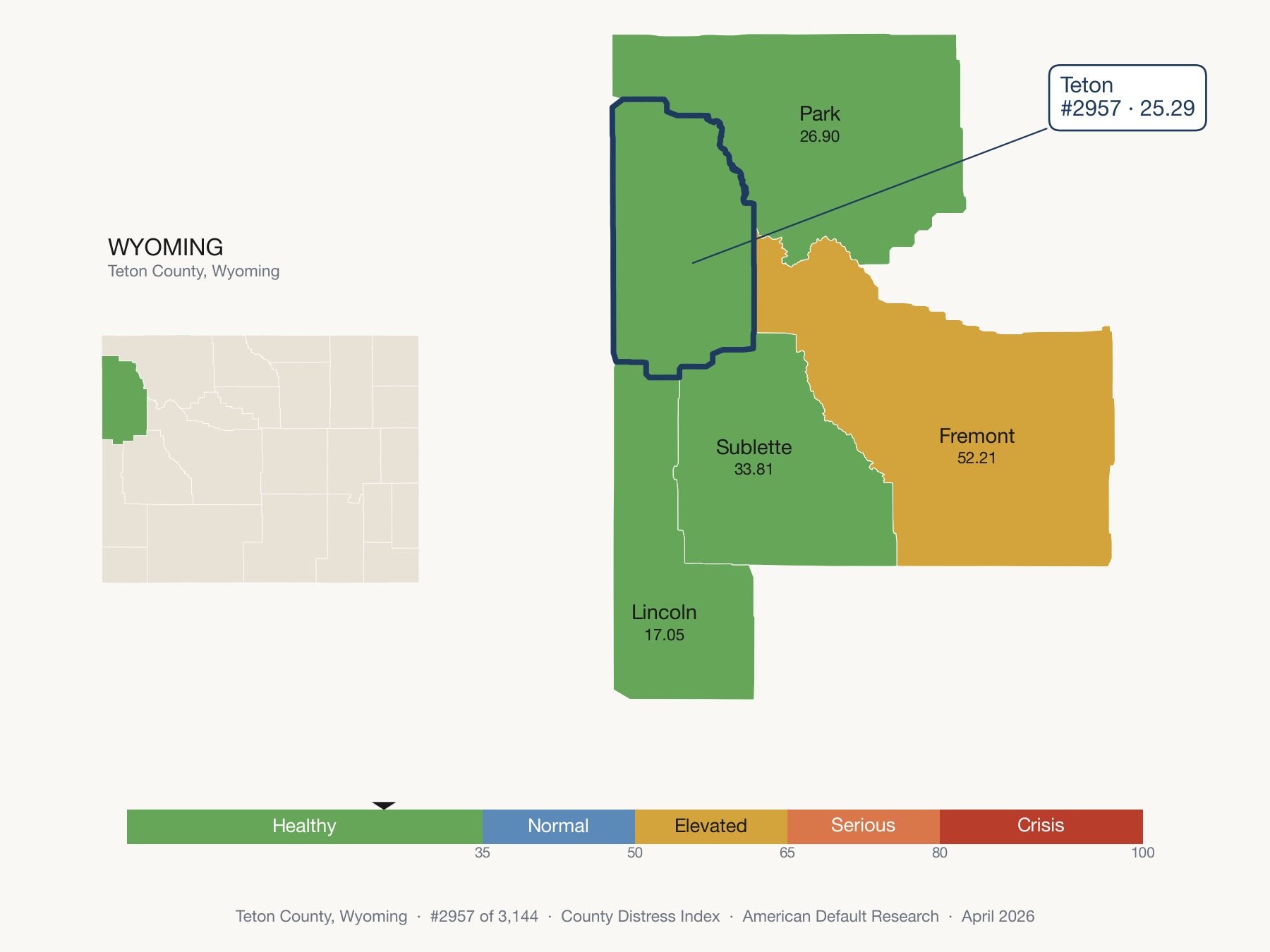 County Distress Index cluster map. Teton County, Wyoming and its neighbors colored by distress fifth.