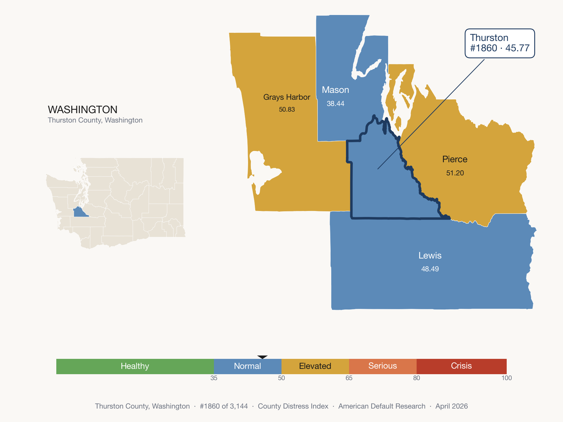 County Distress Index cluster map. Thurston County, Washington and its neighbors colored by distress fifth.