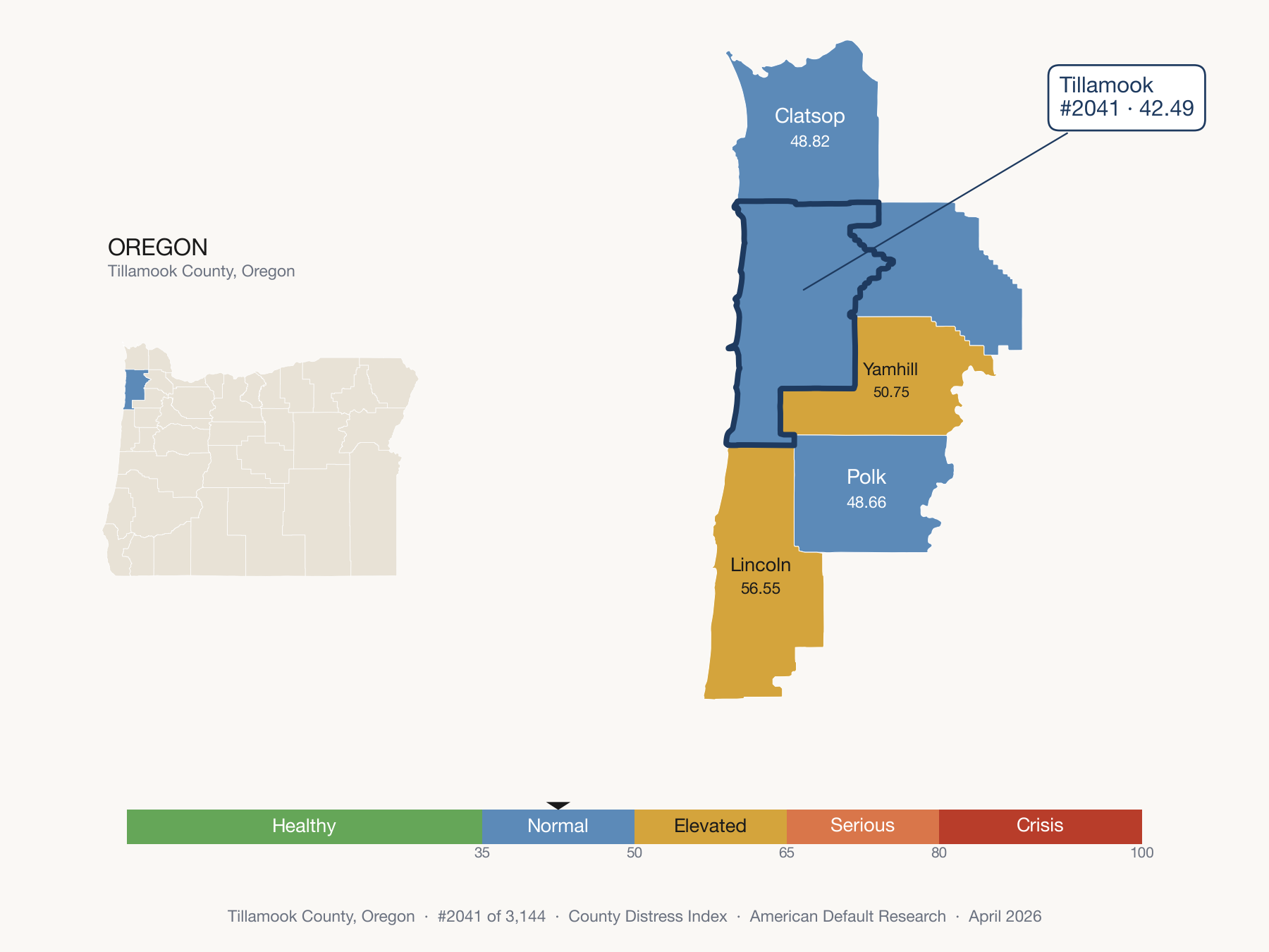 County Distress Index cluster map. Tillamook County, Oregon and its neighbors colored by distress fifth.
