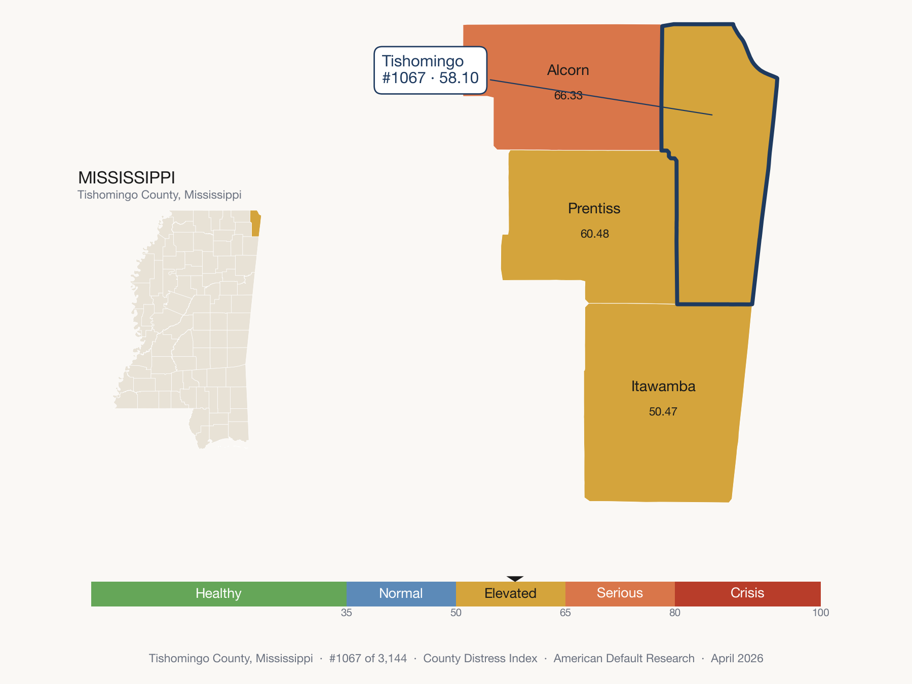 County Distress Index cluster map. Tishomingo County, Mississippi and its neighbors colored by distress fifth.
