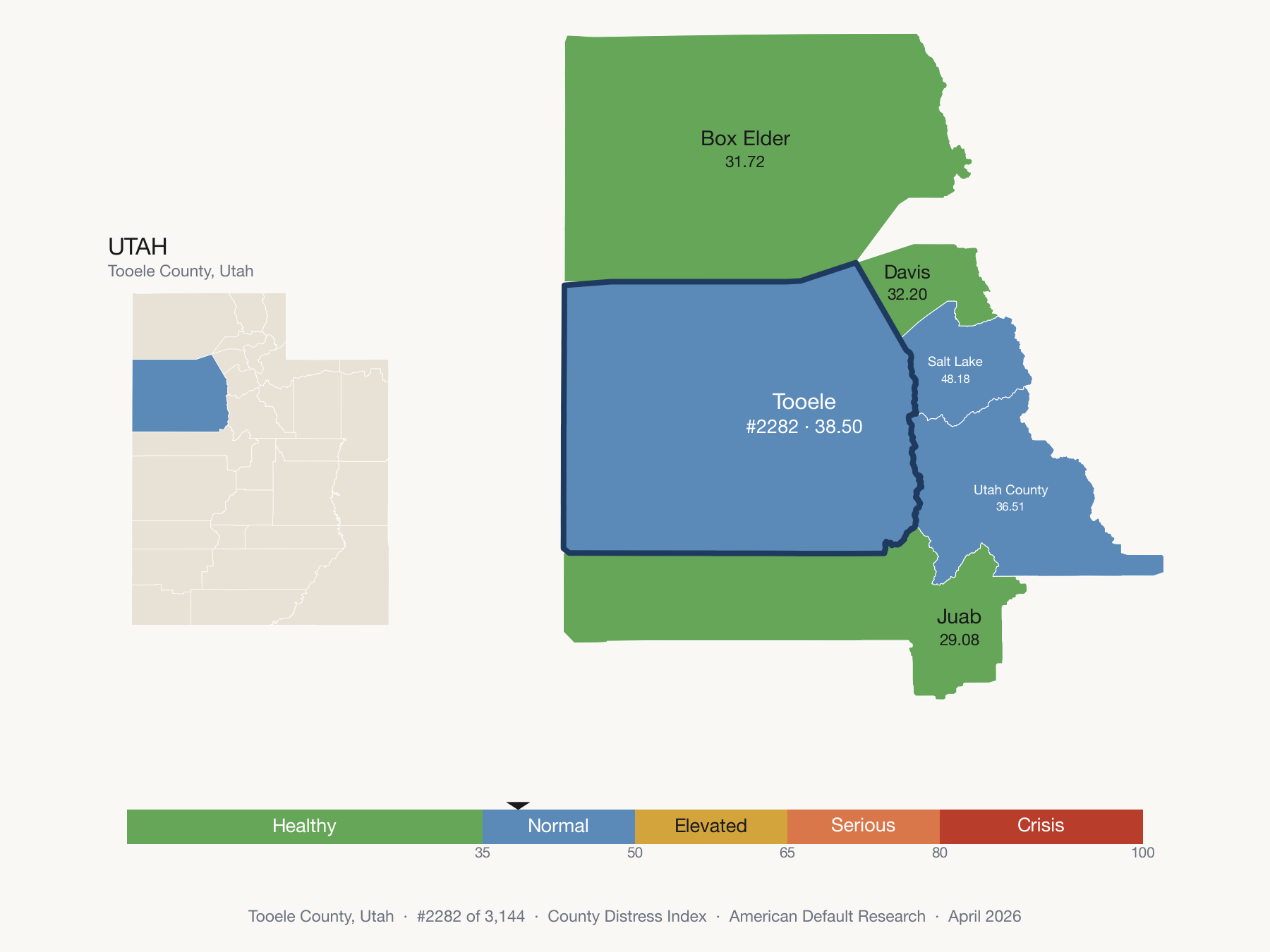 County Distress Index cluster map. Tooele County, Utah and its neighbors colored by distress fifth.