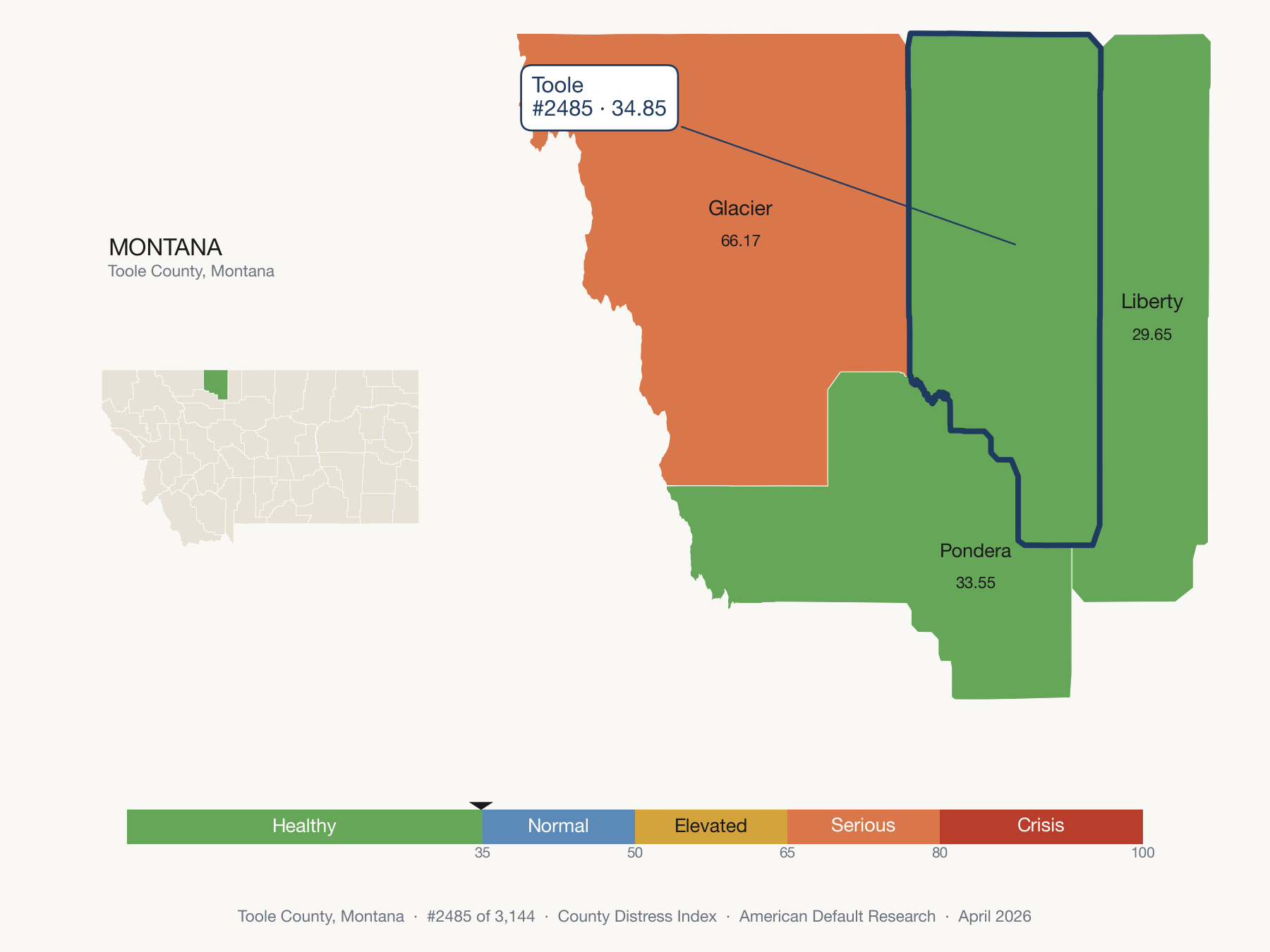 County Distress Index cluster map. Toole County, Montana and its neighbors colored by distress fifth.