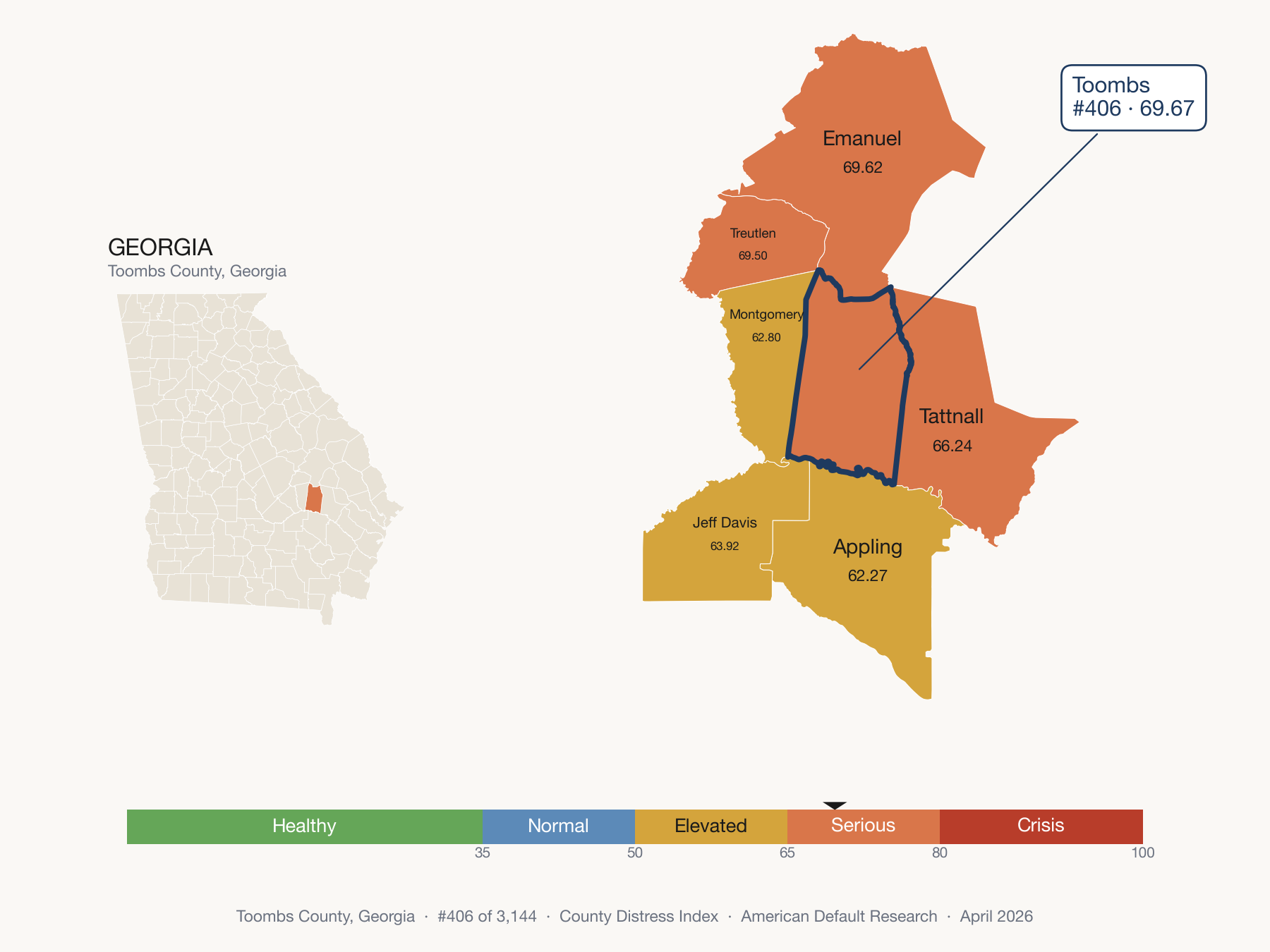County Distress Index cluster map. Toombs County, Georgia and its neighbors colored by distress fifth.
