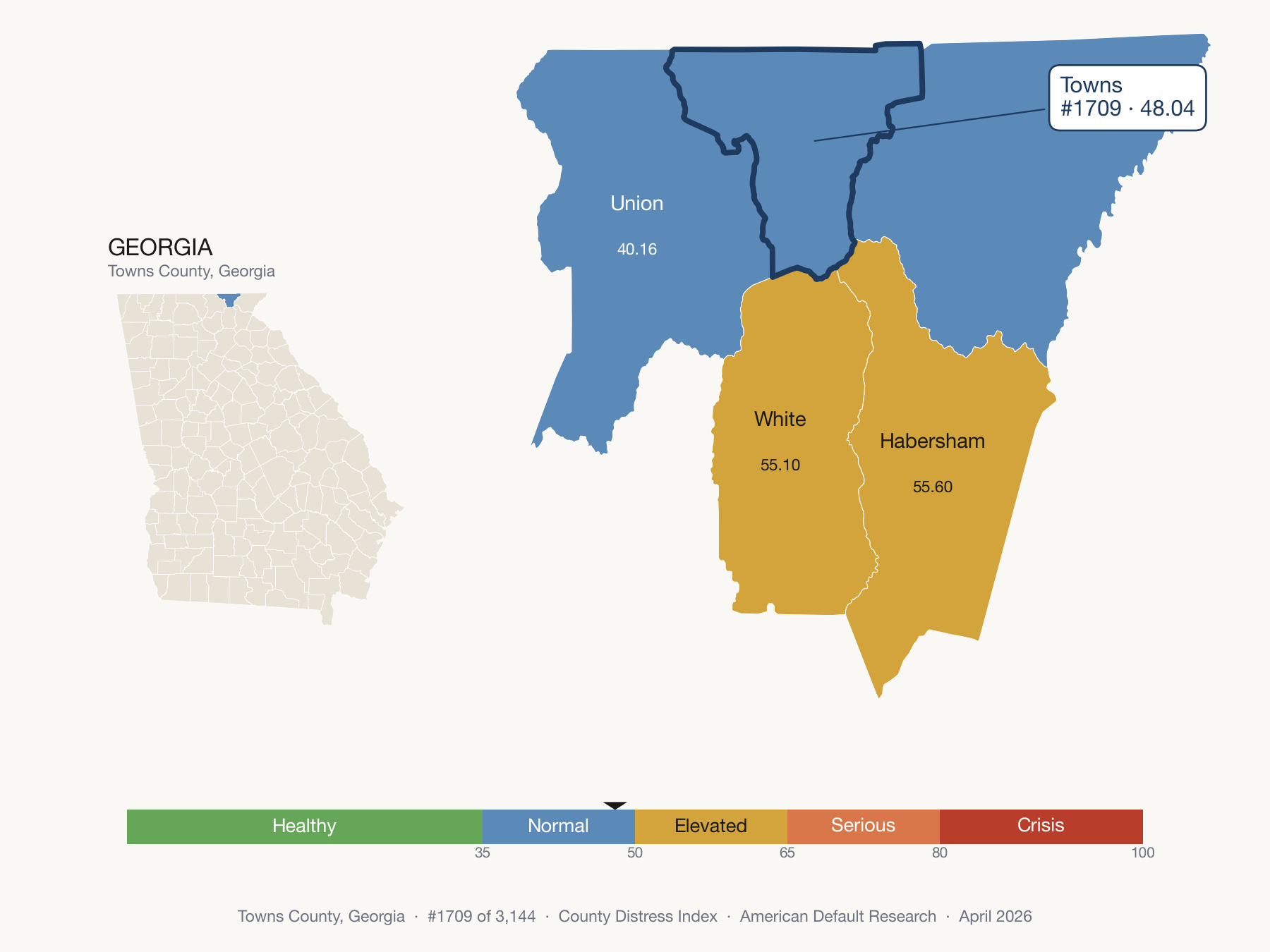 County Distress Index cluster map. Towns County, Georgia and its neighbors colored by distress fifth.