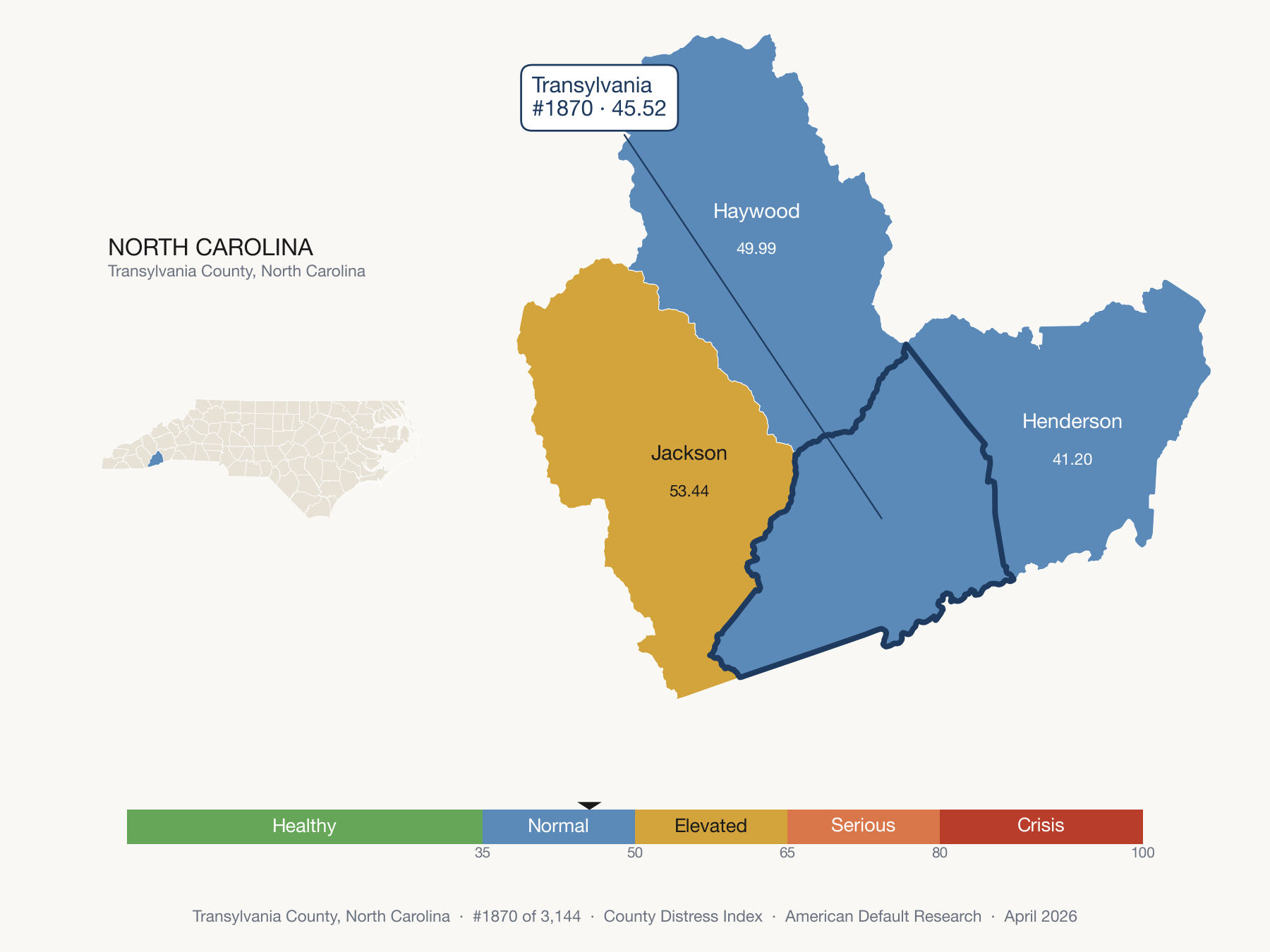 County Distress Index cluster map. Transylvania County, North Carolina and its neighbors colored by distress fifth.
