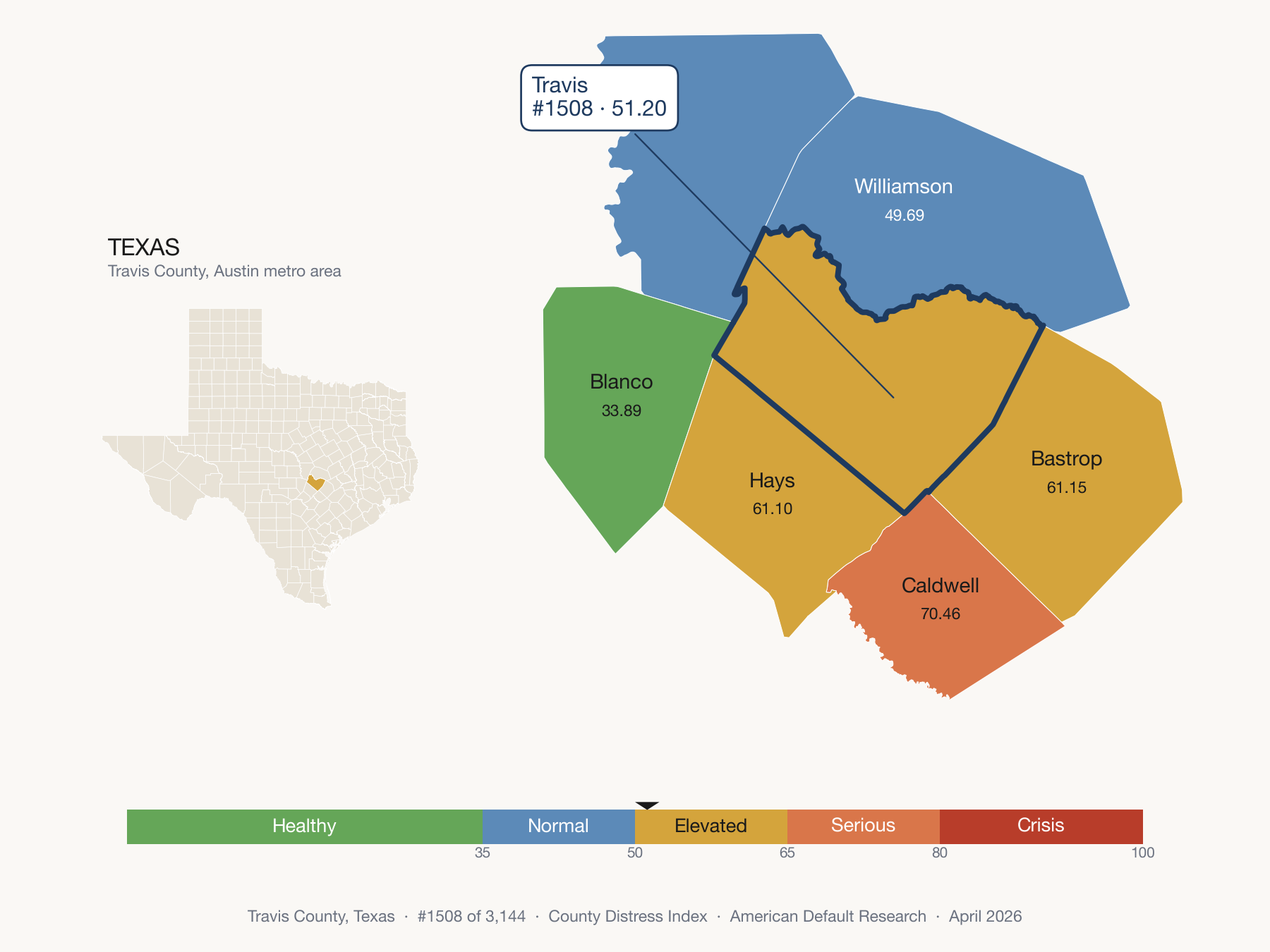 County Distress Index cluster map. Travis County, Texas and its neighbors colored by distress fifth.