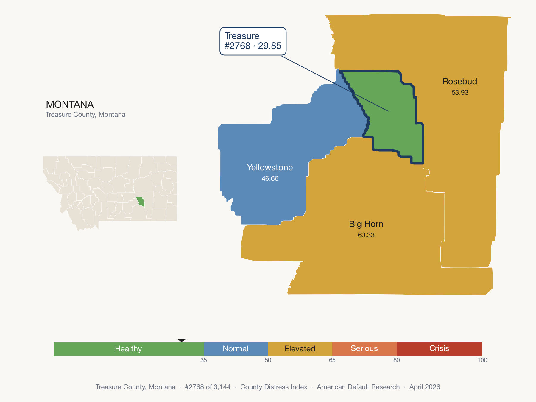 County Distress Index cluster map. Treasure County, Montana and its neighbors colored by distress fifth.