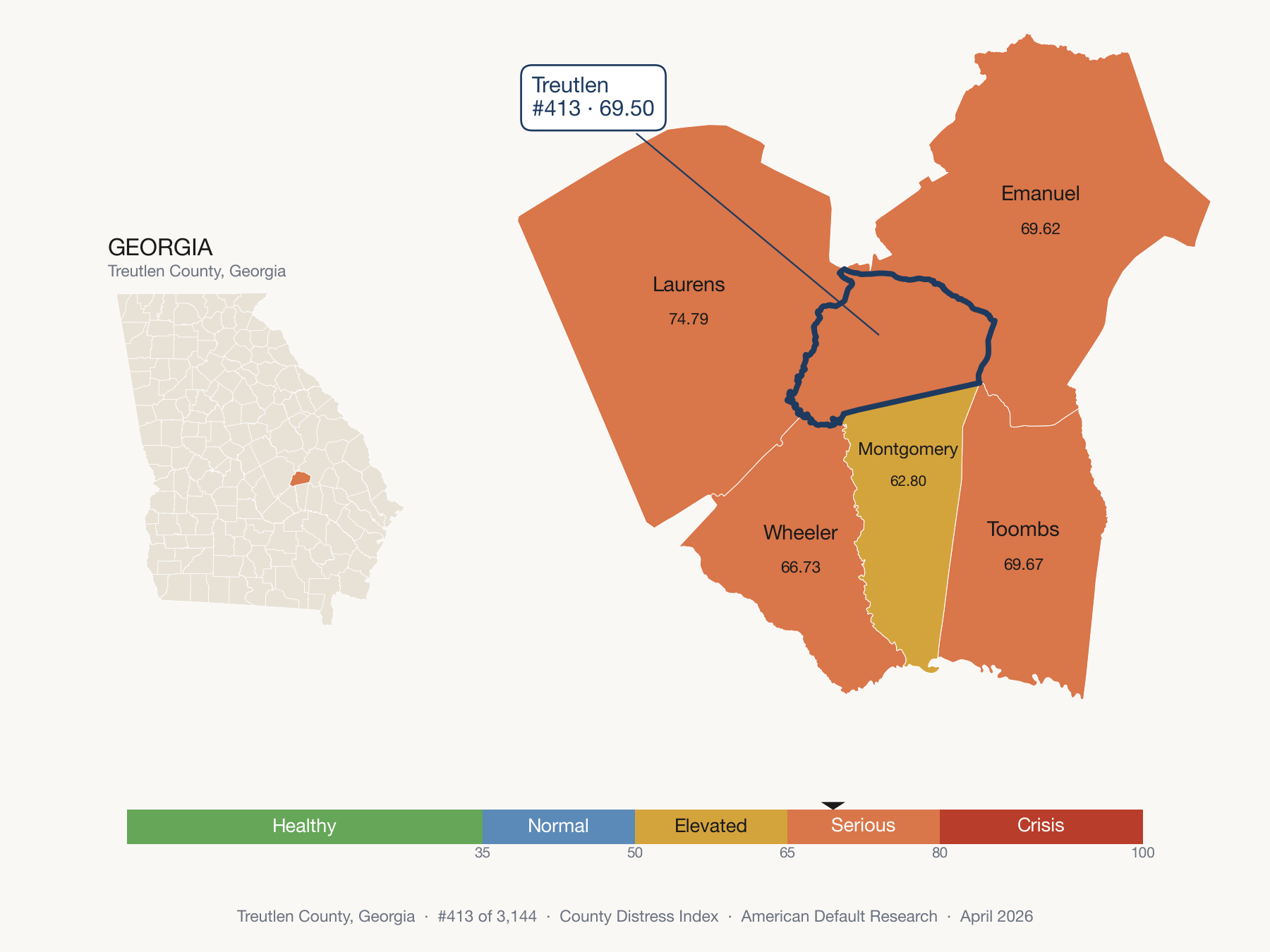 County Distress Index cluster map. Treutlen County, Georgia and its neighbors colored by distress fifth.