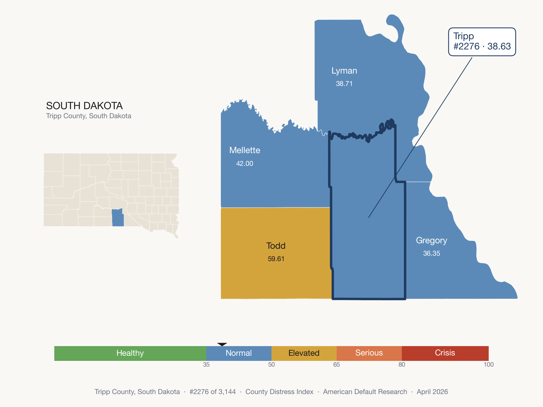 County Distress Index cluster map. Tripp County, South Dakota and its neighbors colored by distress fifth.