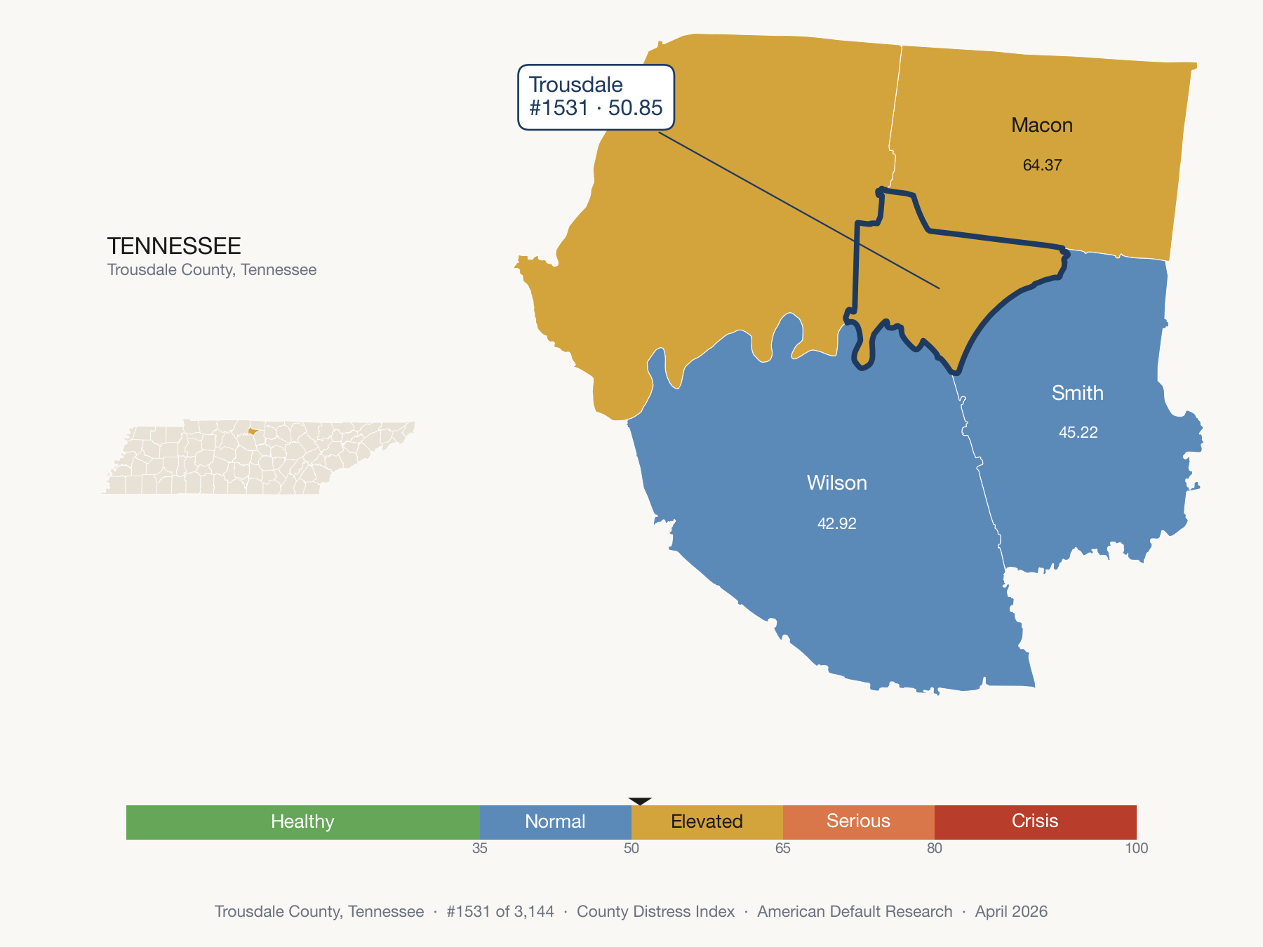 County Distress Index cluster map. Trousdale County, Tennessee and its neighbors colored by distress fifth.