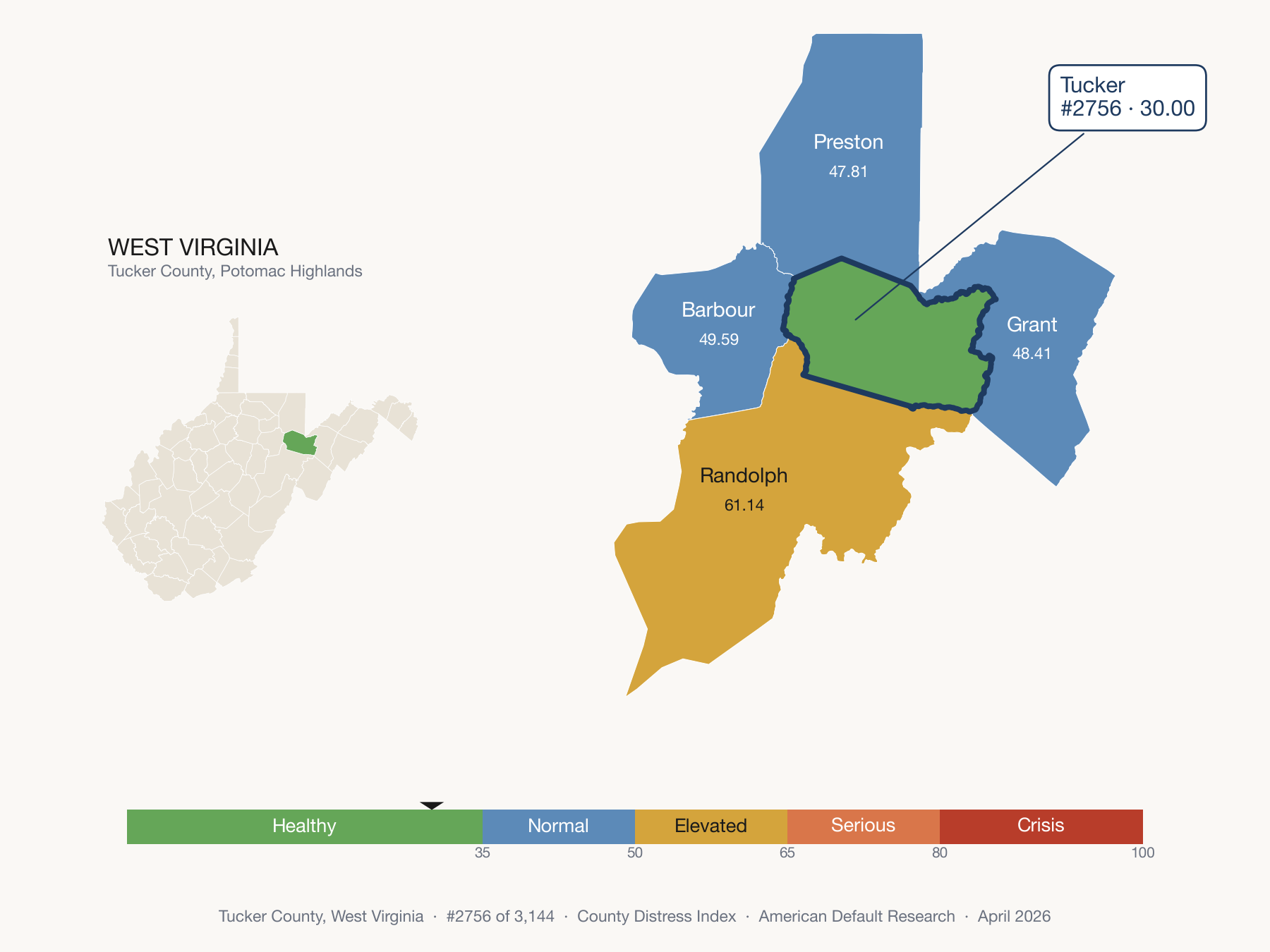 County Distress Index cluster map. Tucker County, West Virginia and its neighbors colored by distress fifth.
