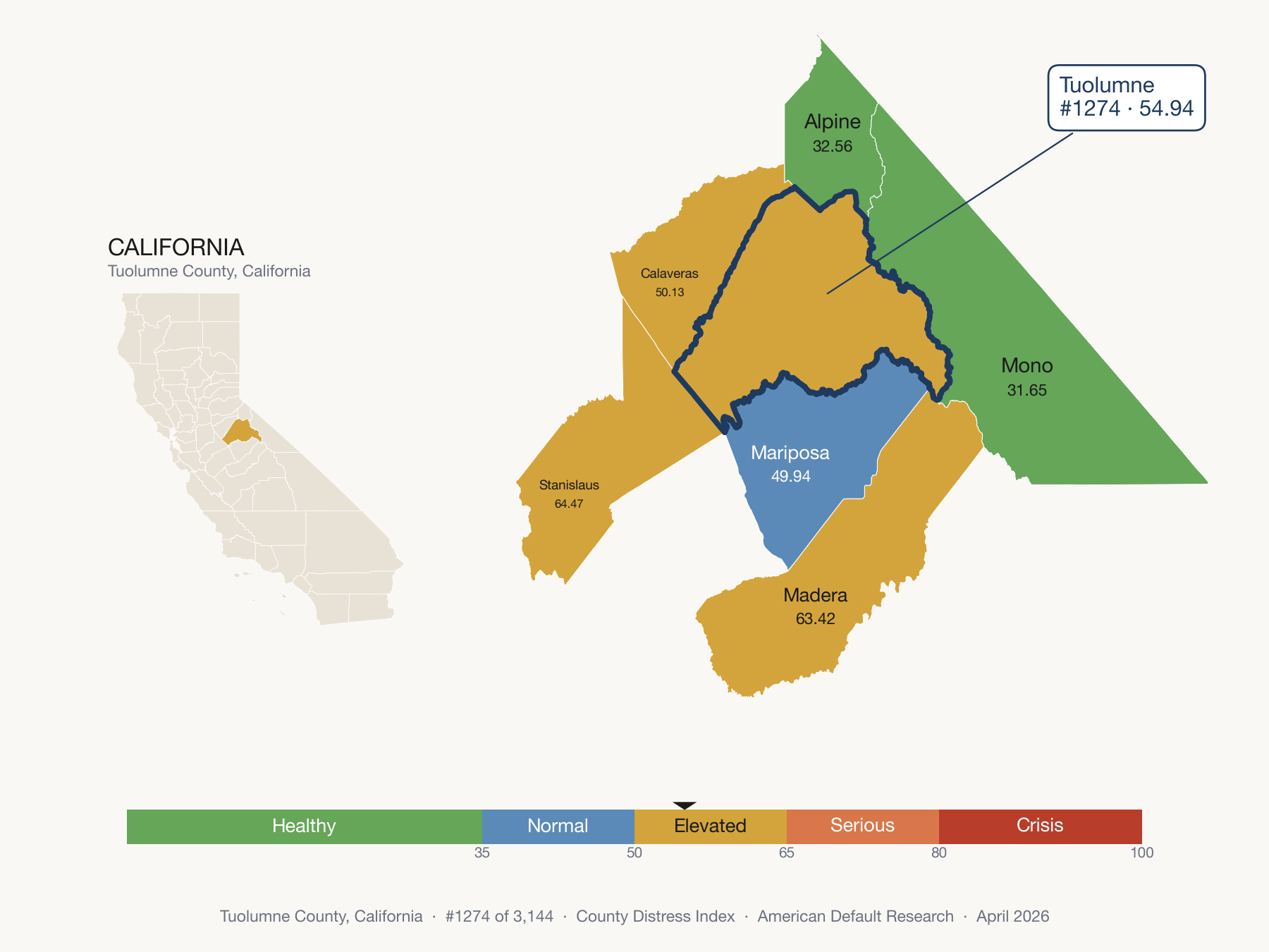 County Distress Index cluster map. Tuolumne County, California and its neighbors colored by distress fifth.