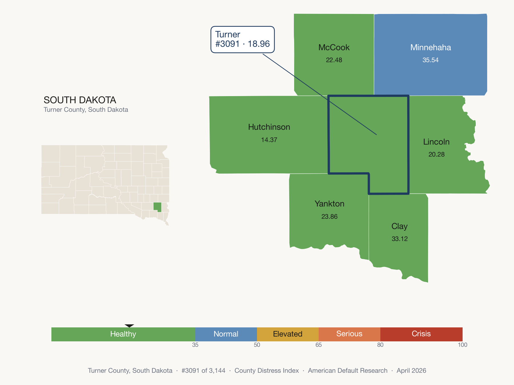 County Distress Index cluster map. Turner County, South Dakota and its neighbors colored by distress fifth.