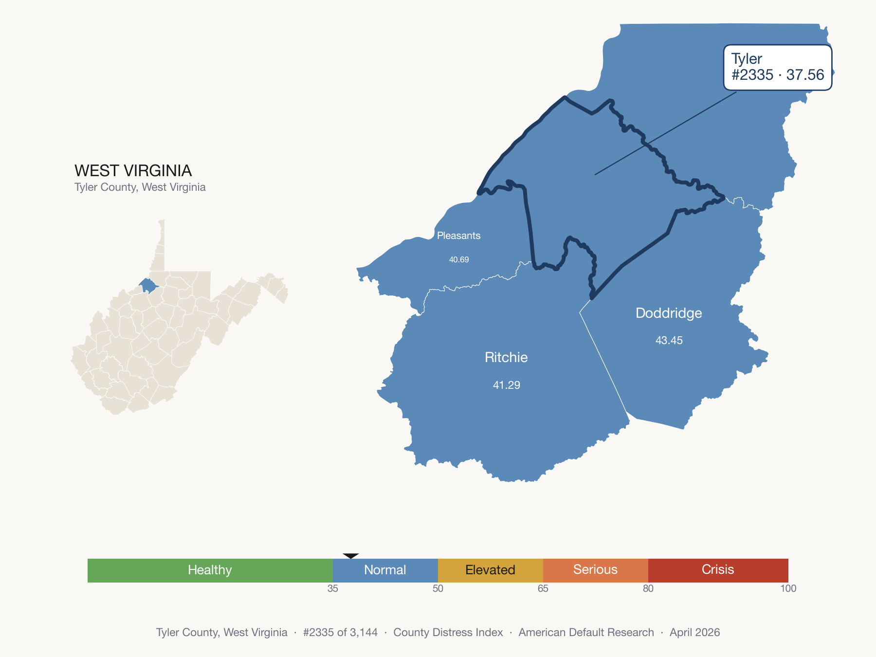 County Distress Index cluster map. Tyler County, West Virginia and its neighbors colored by distress fifth.