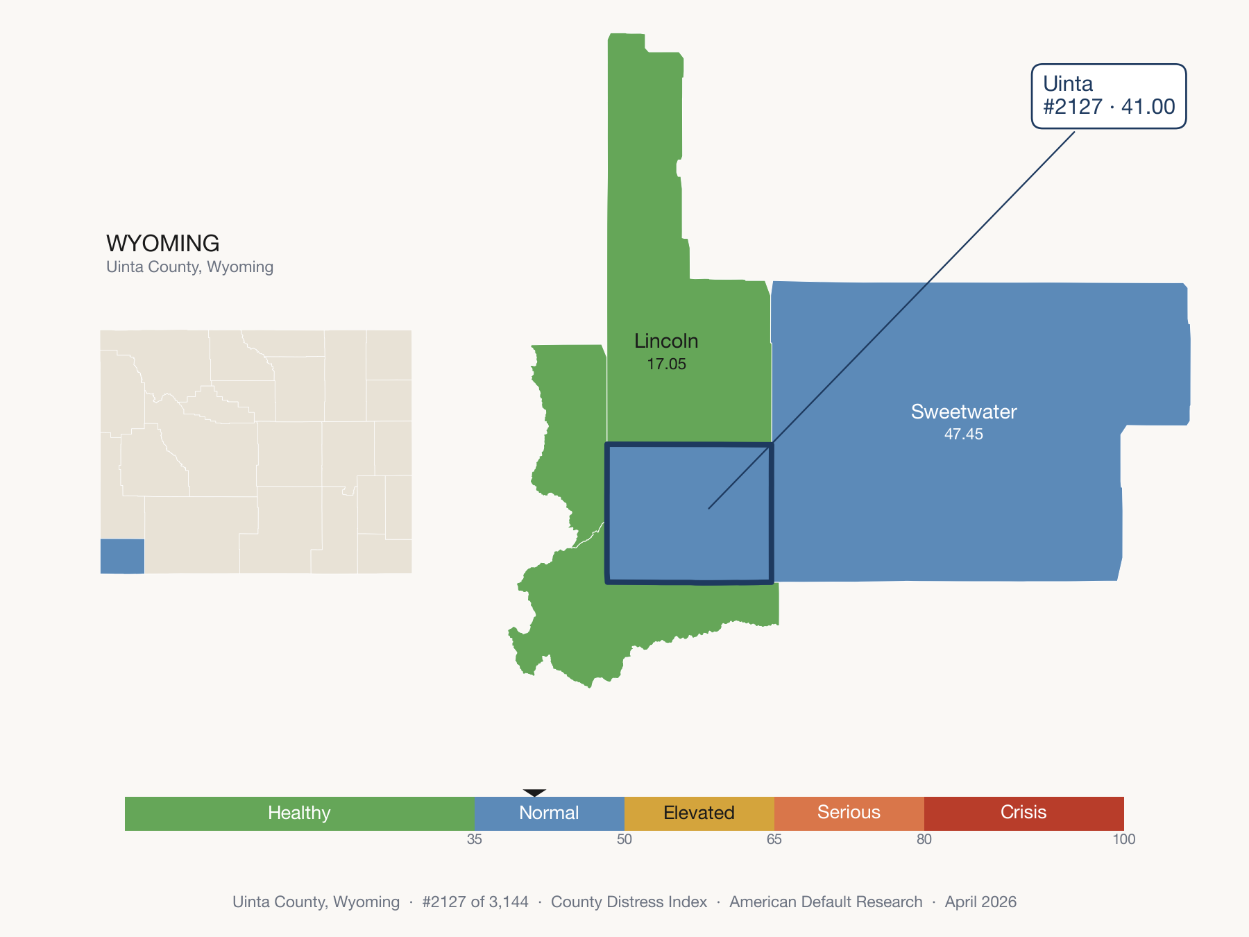 County Distress Index cluster map. Uinta County, Wyoming and its neighbors colored by distress fifth.
