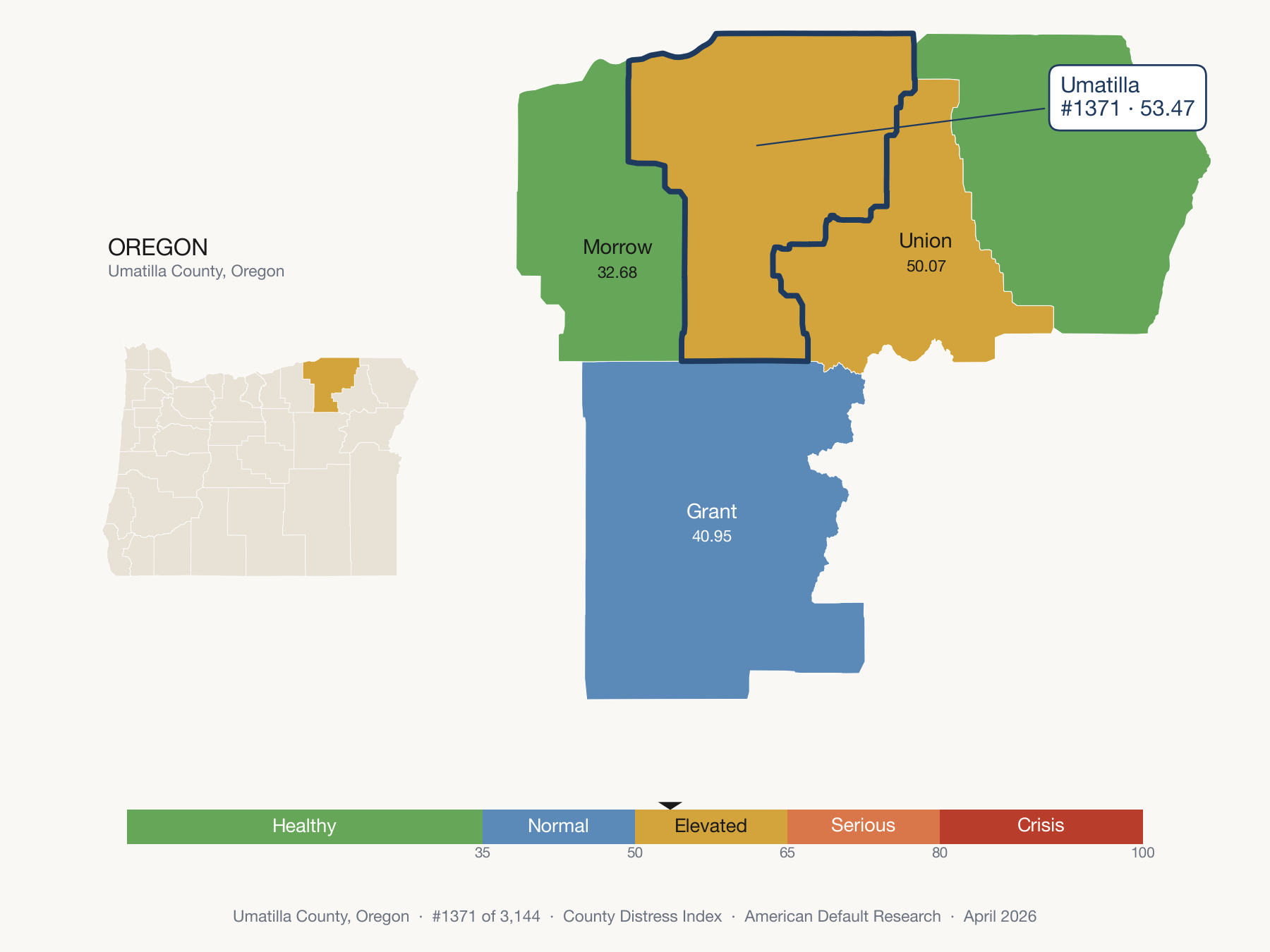 County Distress Index cluster map. Umatilla County, Oregon and its neighbors colored by distress fifth.