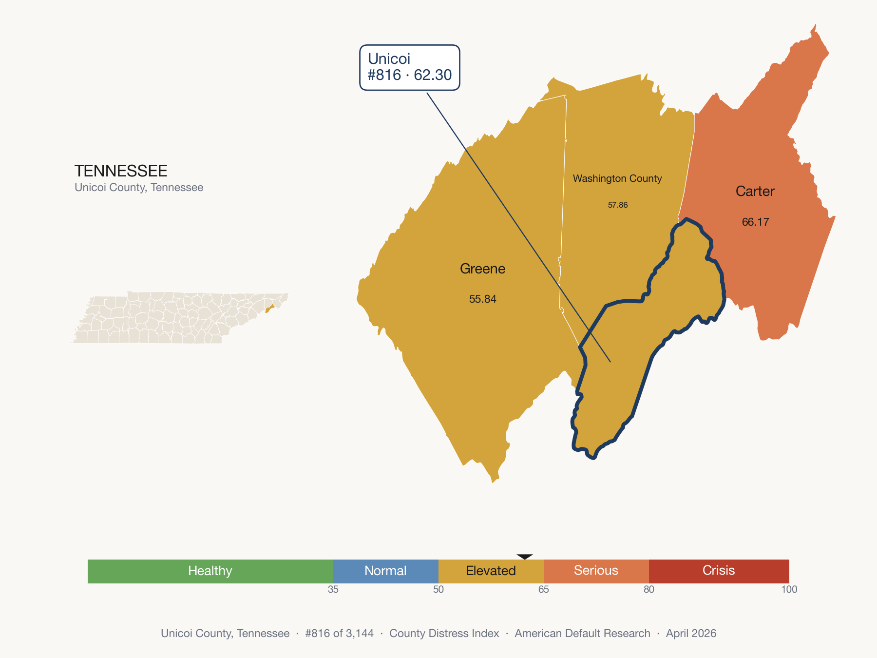 County Distress Index cluster map. Unicoi County, Tennessee and its neighbors colored by distress fifth.