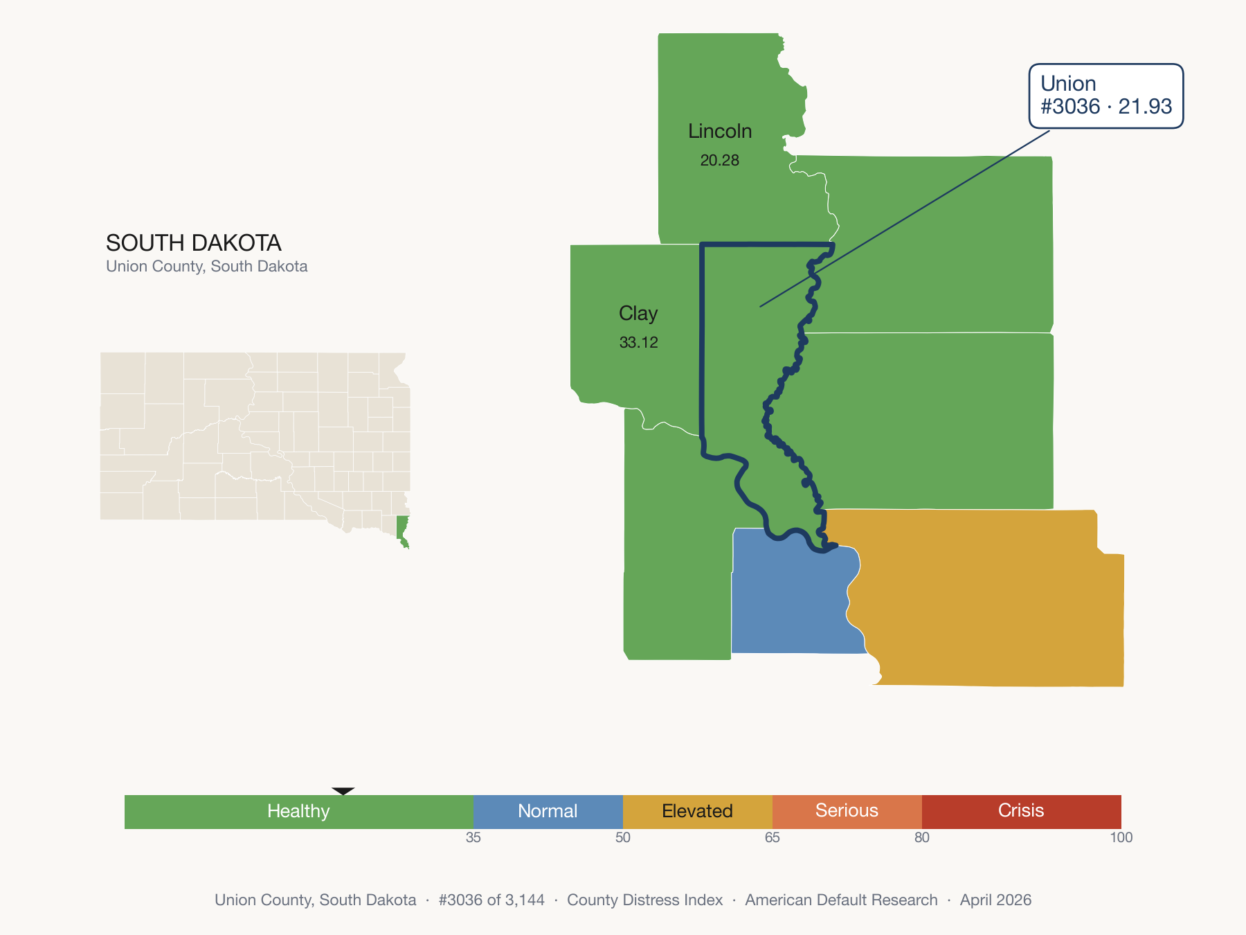 County Distress Index cluster map. Union County, South Dakota and its neighbors colored by distress fifth.