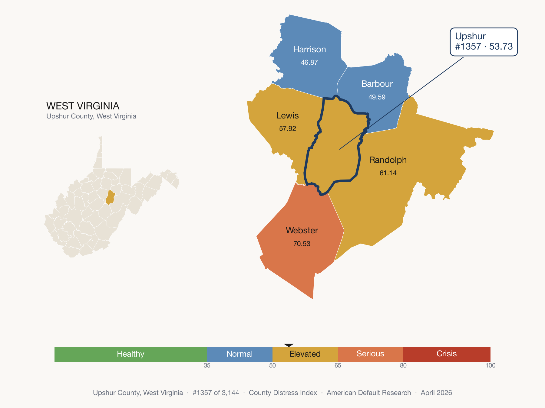 County Distress Index cluster map. Upshur County, West Virginia and its neighbors colored by distress fifth.