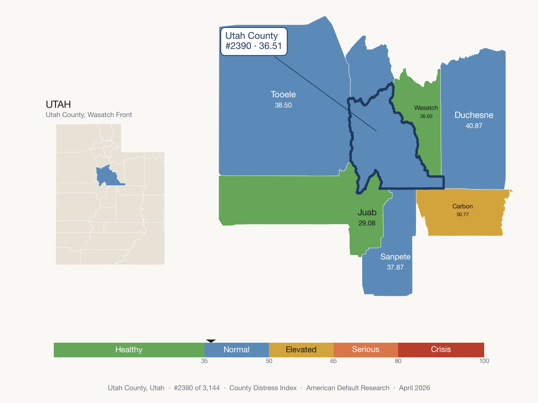 County Distress Index cluster map. Utah County, Utah and its neighbors colored by distress fifth.