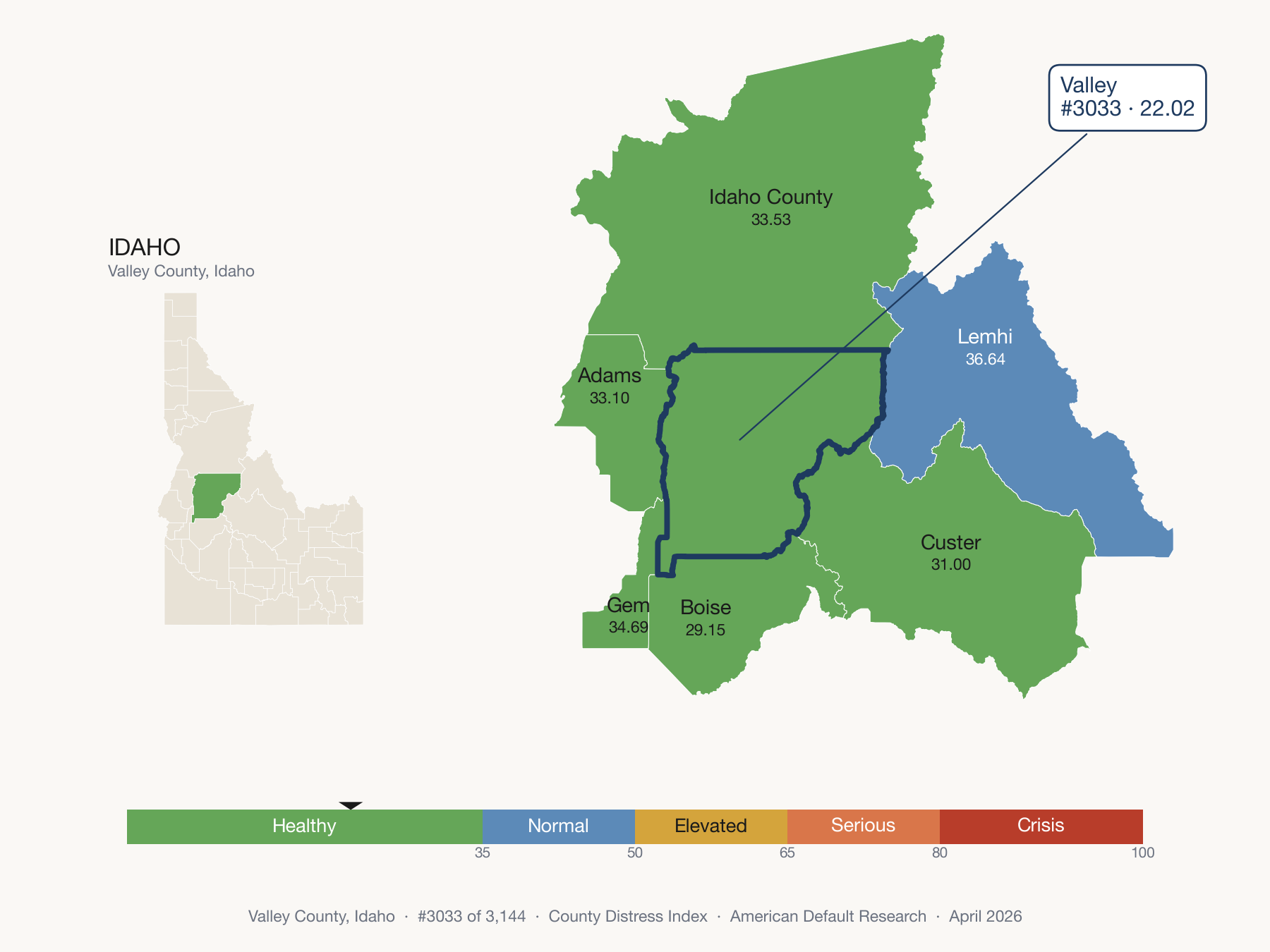 County Distress Index cluster map. Valley County, Idaho and its neighbors colored by distress fifth.
