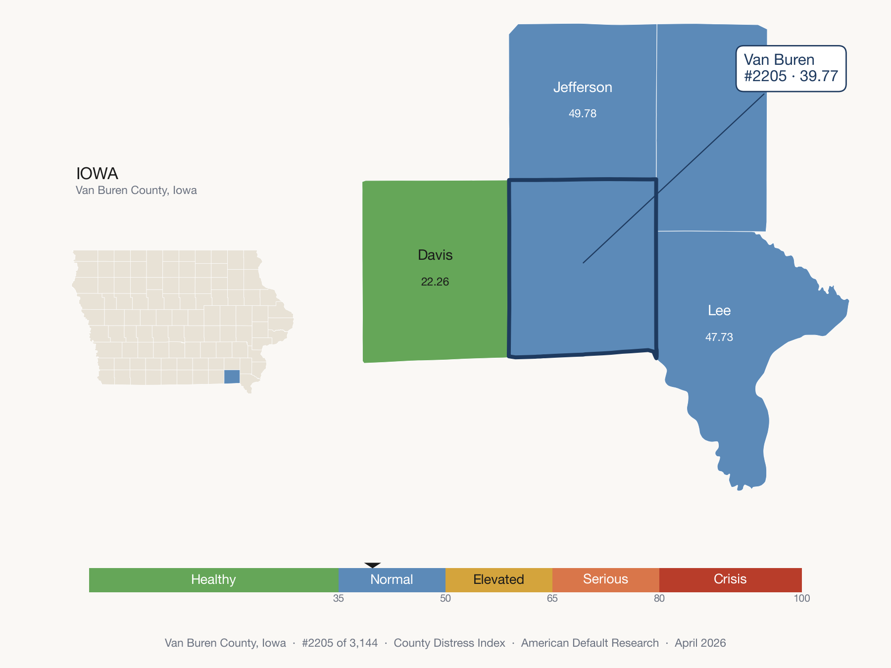 County Distress Index cluster map. Van Buren County, Iowa and its neighbors colored by distress fifth.
