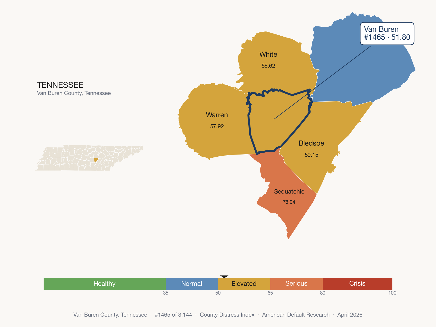 County Distress Index cluster map. Van Buren County, Tennessee and its neighbors colored by distress fifth.