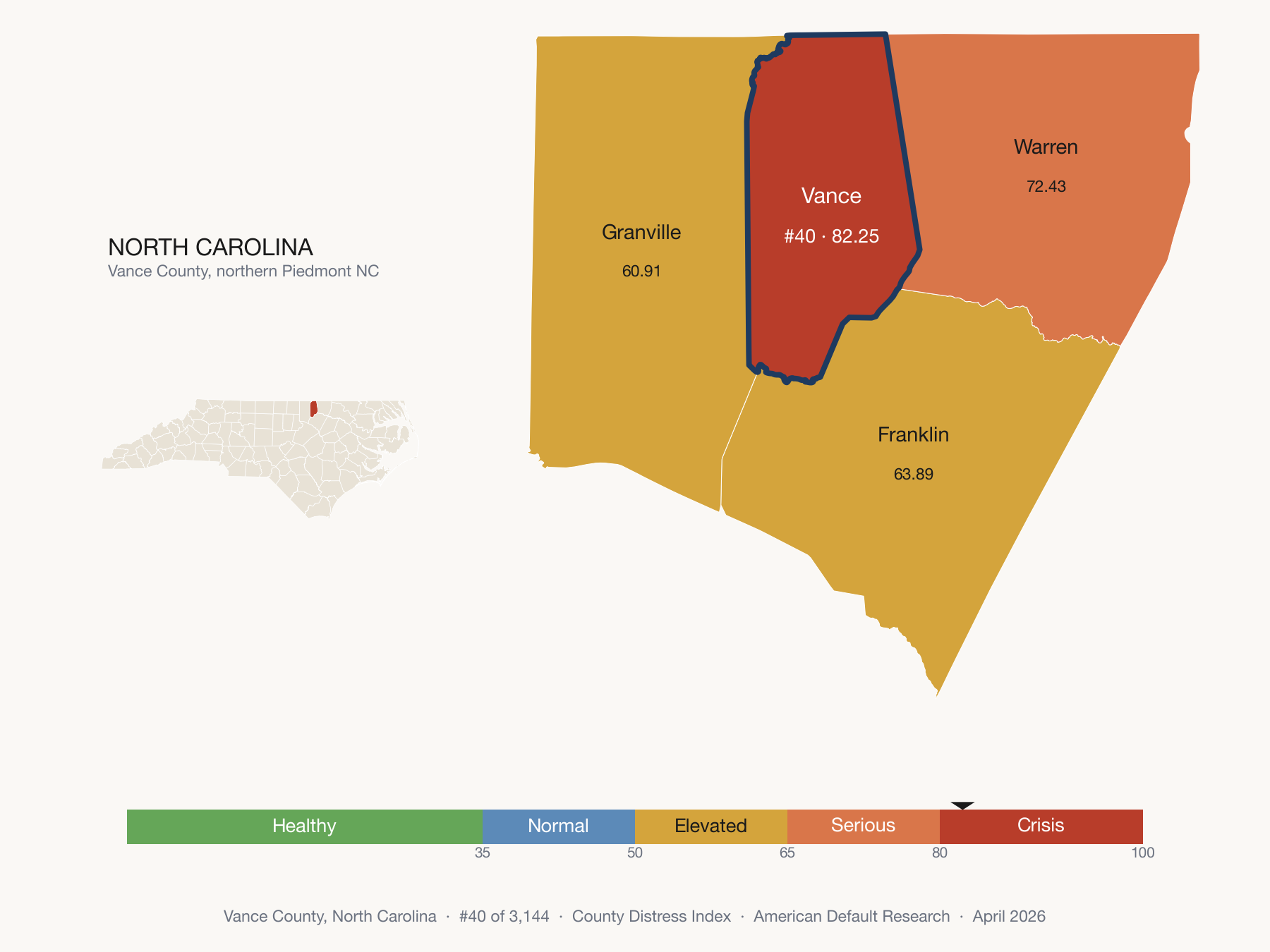 County Distress Index cluster map. Vance County, North Carolina and its neighbors colored by distress fifth.