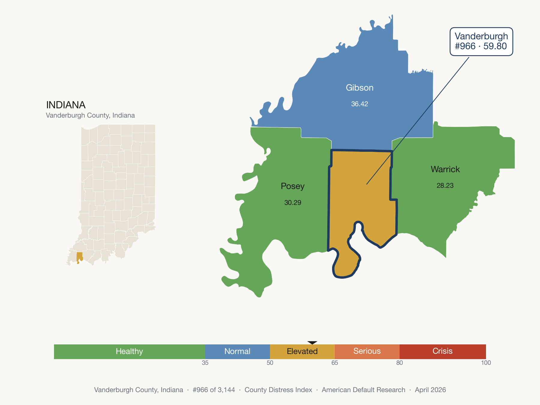 County Distress Index cluster map. Vanderburgh County, Indiana and its neighbors colored by distress fifth.